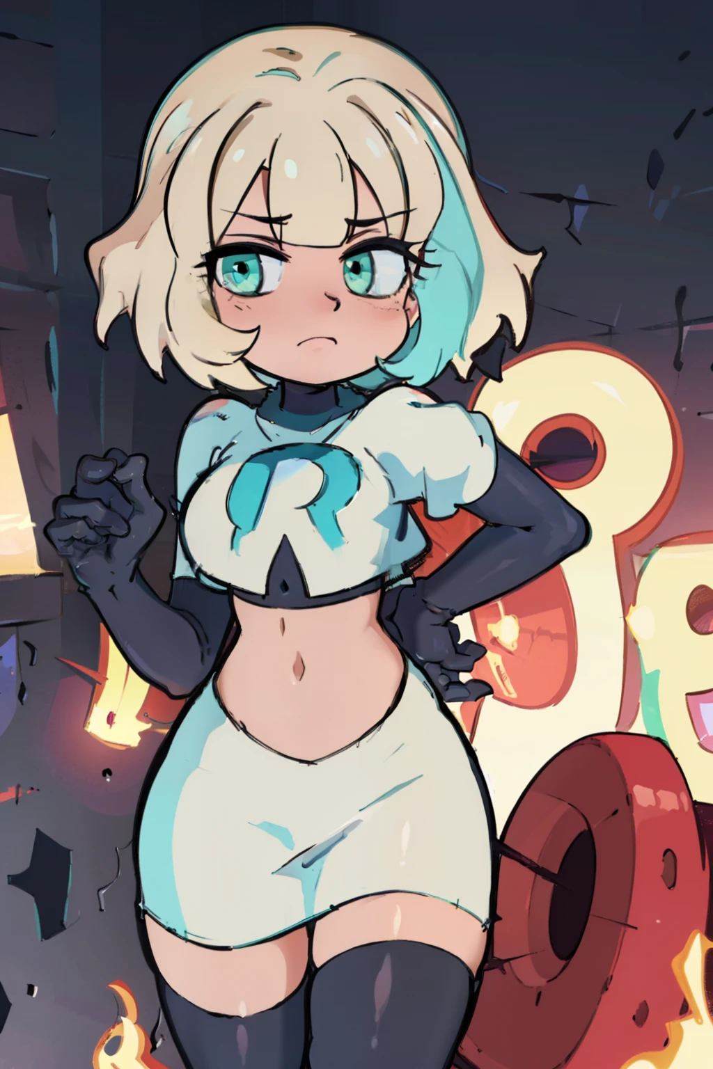 (masterpiece, best quality, high resolution:1.4), 1girl, jackie lynn thomas,aqua eyes, blonde hair, short hair, looking at viewer, team rocket,team rocket uniform,white skirt,red letter R,crop top,black thigh-highs,black elbow gloves,