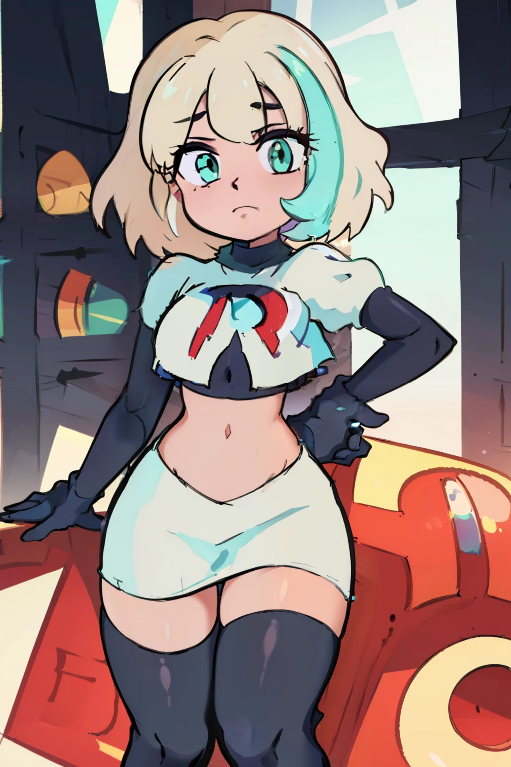 (masterpiece, best quality, high resolution:1.4), 1girl, jackie lynn thomas,aqua eyes, blonde hair, short hair, looking at viewer, team rocket,team rocket uniform,white skirt,red letter R,crop top,black thigh-highs,black elbow gloves,