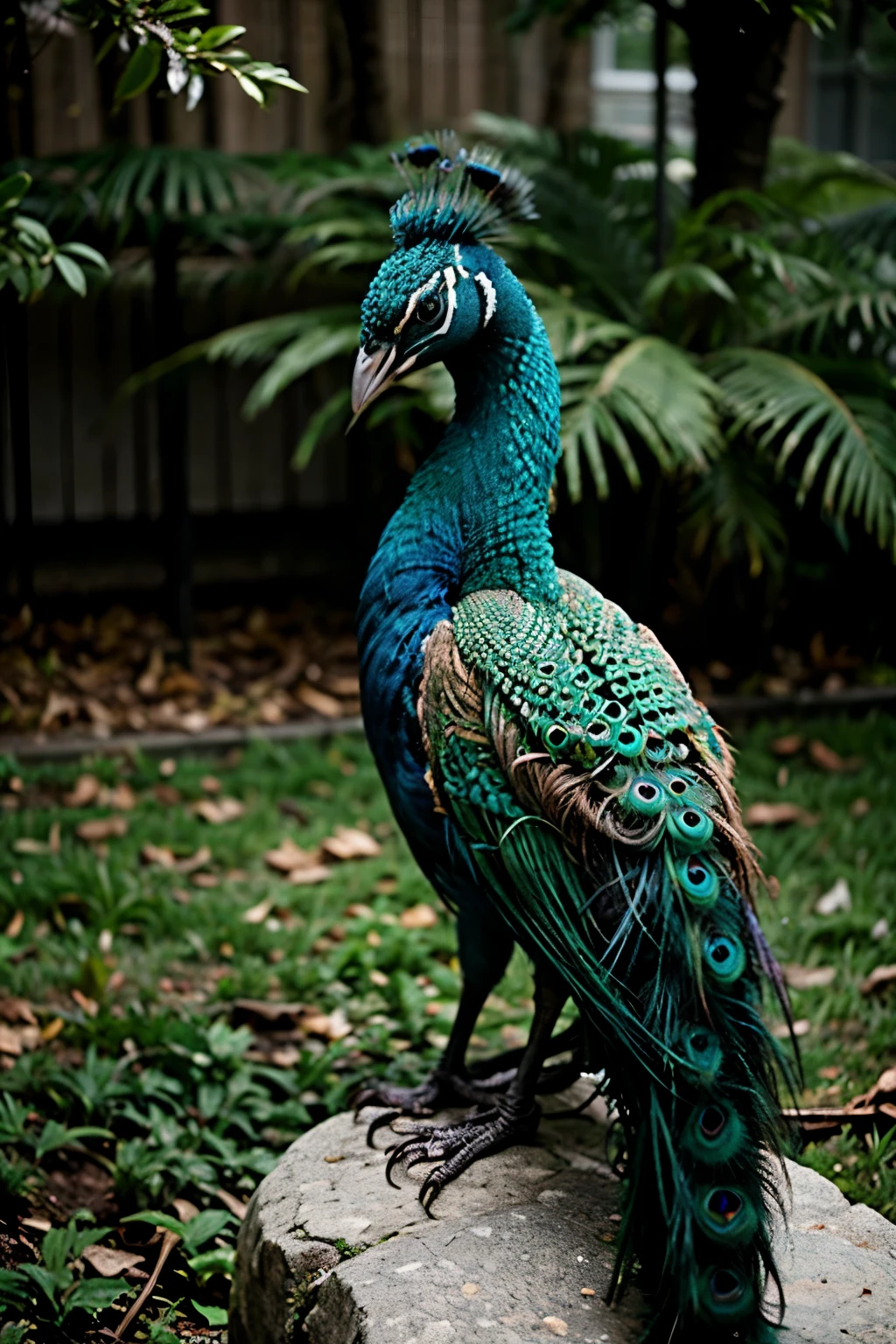 Photo of a peacock sitting on a branch