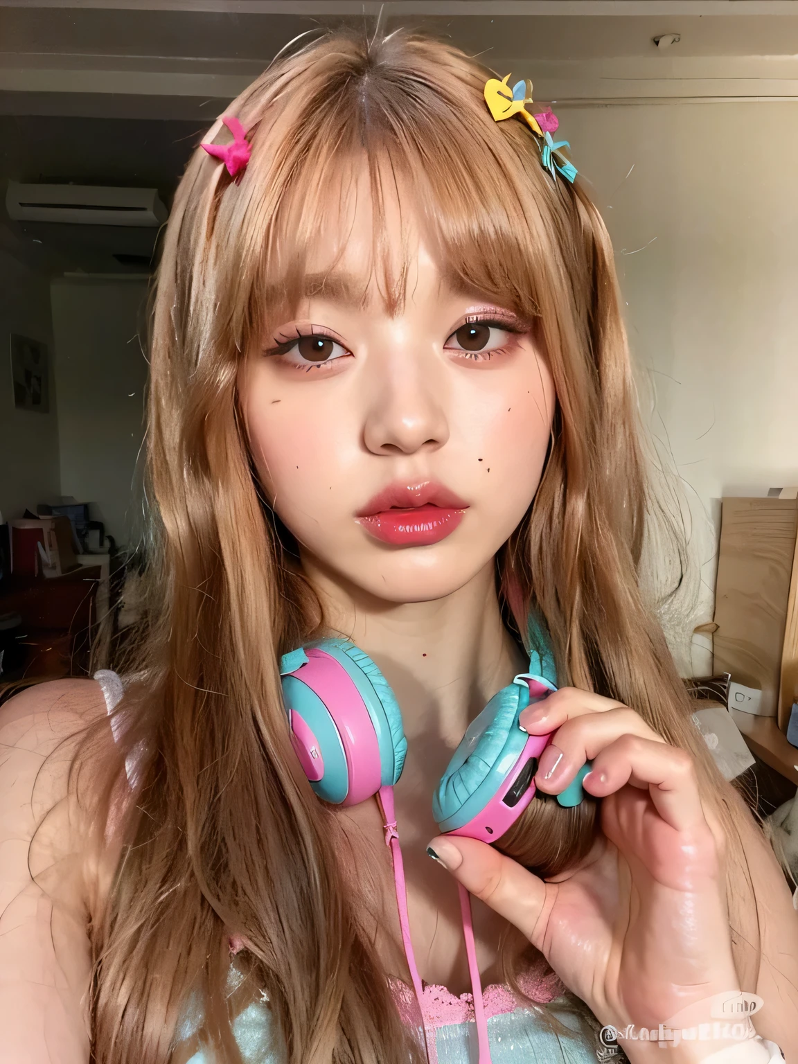 a closeup of a person with headphones holding a cell phone, ulzzang, bella delfina, peinado kawaii, Cabello rosado y ojos cian., Lalisa Manobal, Linda chica kawaii, peinado kawaii, maquillaje popular de corea del sur, retrato realista kawaii, kawaii aesthetic, peinado de dos colas, kim doyoung, Lalisa Manoban de Blackpink