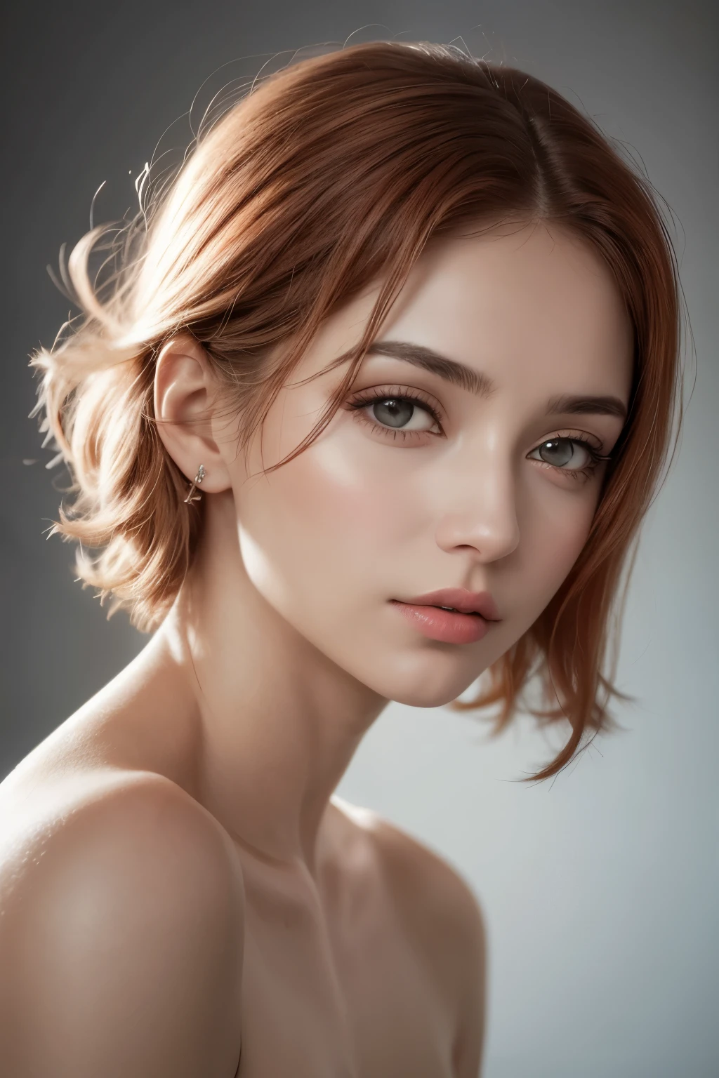 1 garota, olho de estrela, corar, Perfect Lighting, cabelo vermelho, olhos vermelhos, Motor irreal, side lighting, rosto detalhado, franja, pele brilhante, fundo simples, fundo escuro, 