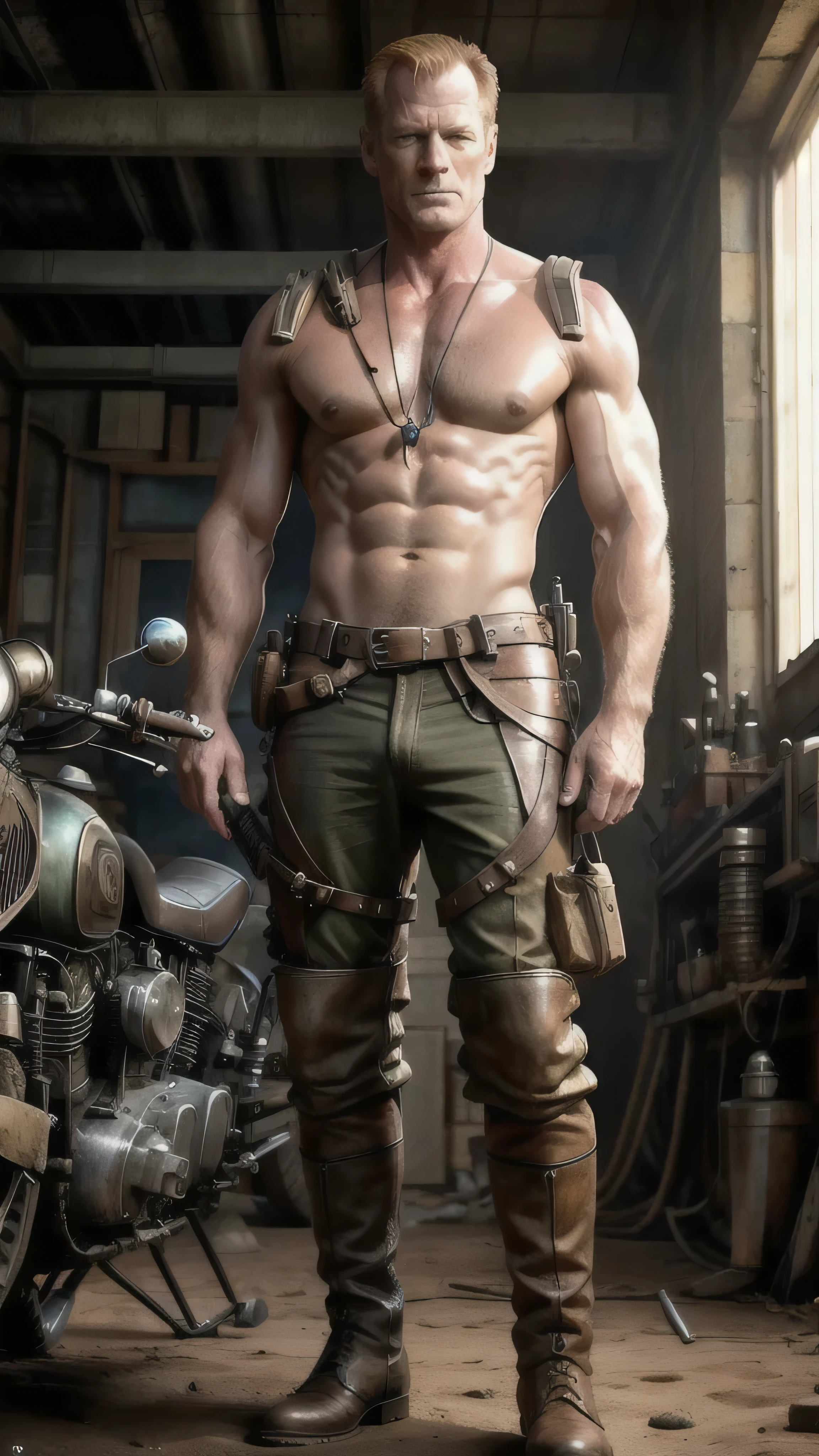 dieselpunkai, ((Iain Glen)) as Jorah Mormont, ((naked torso)), pants, boots, (repairing a dieselpunk motorbike), (in a desert), 1man, solo, beautiful detailed glow, detailed, cinematic light, intricate detail, realistic, highres, detailed facial features, high detail, sharp focus, smooth, aesthetic, extremely detailed, stamp, octane render