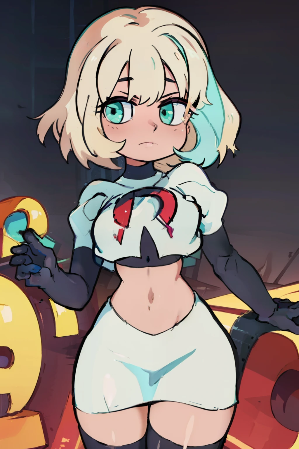 (masterpiece, best quality, high resolution:1.4), 1girl, jackie lynn thomas,aqua eyes, blonde hair, short hair, looking at viewer, team rocket,team rocket uniform,white skirt,red letter R,crop top,black thigh-highs,black elbow gloves,