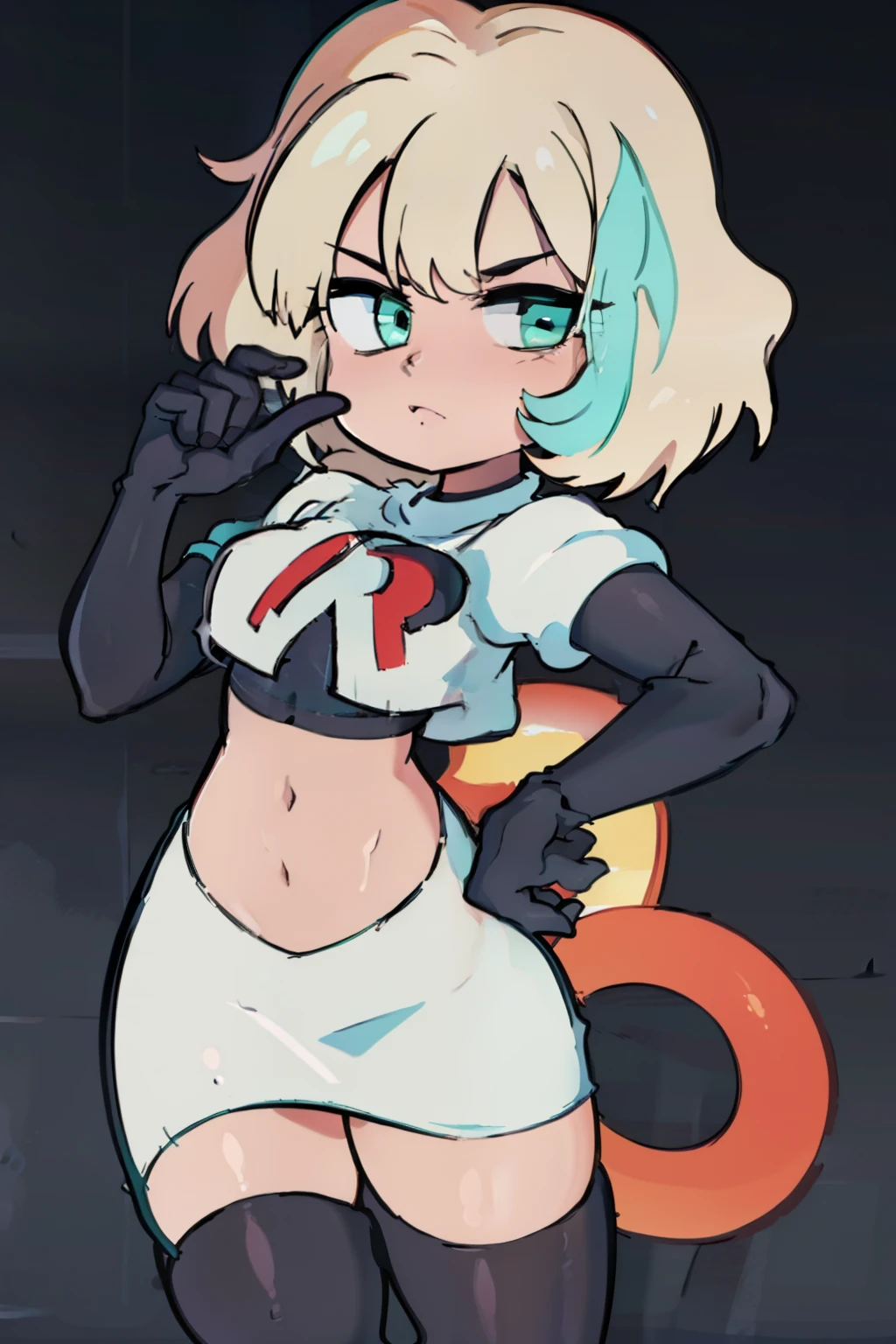 (masterpiece, best quality, high resolution:1.4), 1girl, jackie lynn thomas,aqua eyes, blonde hair, short hair, looking at viewer, team rocket,team rocket uniform,white skirt,red letter R,crop top,black thigh-highs,black elbow gloves,