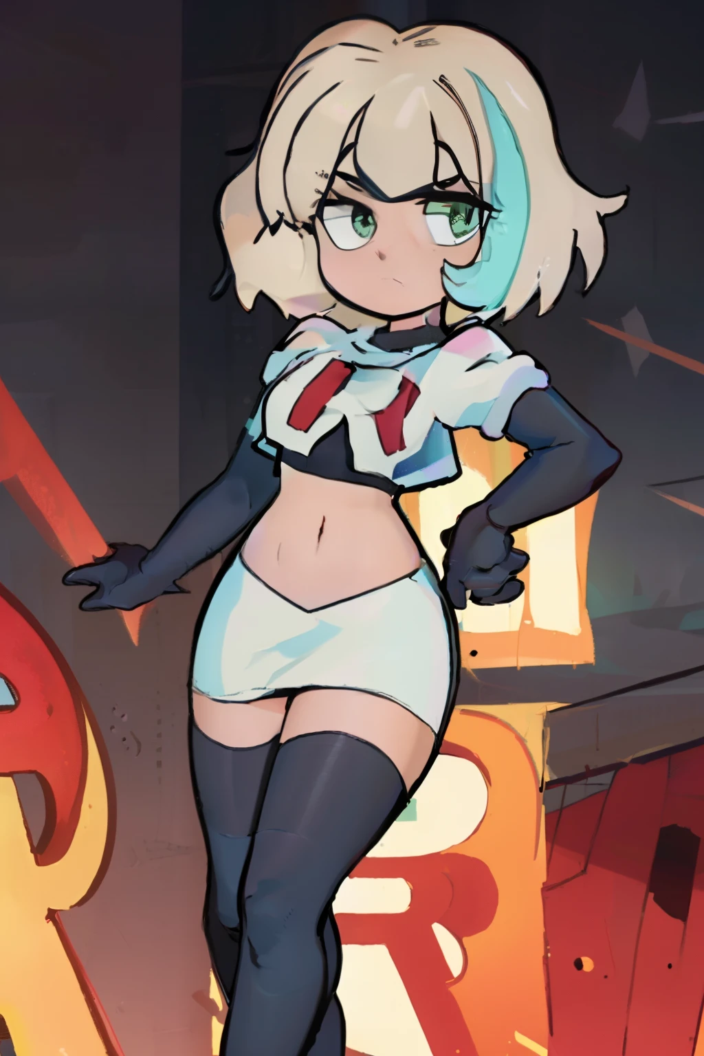 (masterpiece, best quality, high resolution:1.4), 1girl, jackie lynn thomas,aqua eyes, blonde hair, short hair, looking at viewer, team rocket,team rocket uniform,white skirt,red letter R,crop top,black thigh-highs,black elbow gloves,