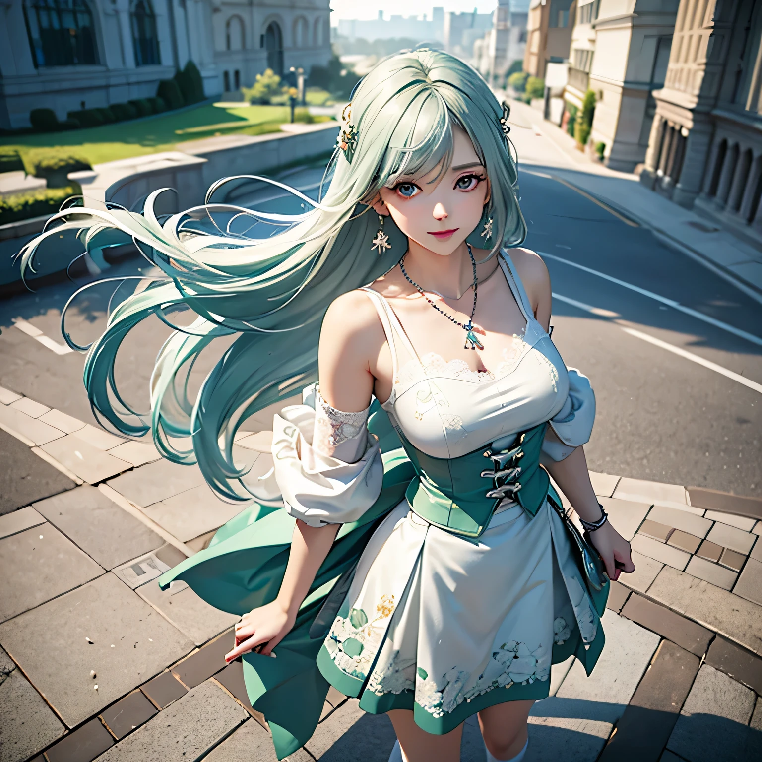 high angle,From above, (1 girl), ((masterpiece:1.4, highest quality)), ((masterpiece, highest resolution)), (beautiful illustrations),(Beautiful medium-long silver-green hair),cute office lady, (white blouse, Elegant flared skirt with flower print), (looking at the viewer),
innocent smile, white over knee high,lace chalk, Wristband, fingerless gloves, over knee high,
lace chalk, diamond necklace,Wristband, fingerless gloves, earrings,
Day, the wind is strong,cinematic lighting,
red light district,
