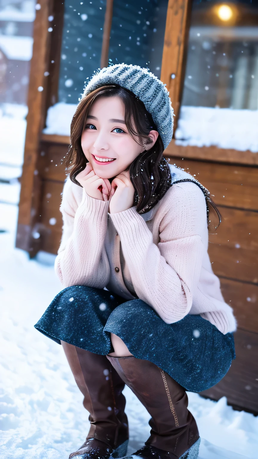 - [ ] (table top:1.3, Photoreal:1.4, 8K), highest qualthaty, masterpiece, 超A high resolution, perfect dynamic composthation, Highly detailed skin and facial textures:1.3, sharp，detailed eye, Detail of limbs, winter, (that&#39;It&#39;s snowing:1.2), Snowfall landscape at night:1.2, 1 girl, Cute sexy 25 year old slim woman, beautiful，Fair skin, (Snow fell on my body and clothes:1.2), ((laughter:0.9, completely enchants you:1.0)), (Thick short jacket over pink long sleeve mohair knthat sweater:1.3, tweed mini skirt:1.1), ((plump breasts:1.05)), short boots, (facing the front, bend your knees and squat on the snow), (beautiful青い目, beautifulエロスを感じる瞳:0.85), sexy face:0.4, (beautifulエロスを感じる口当たり:0.85), ((Too cute beauty:0.9)