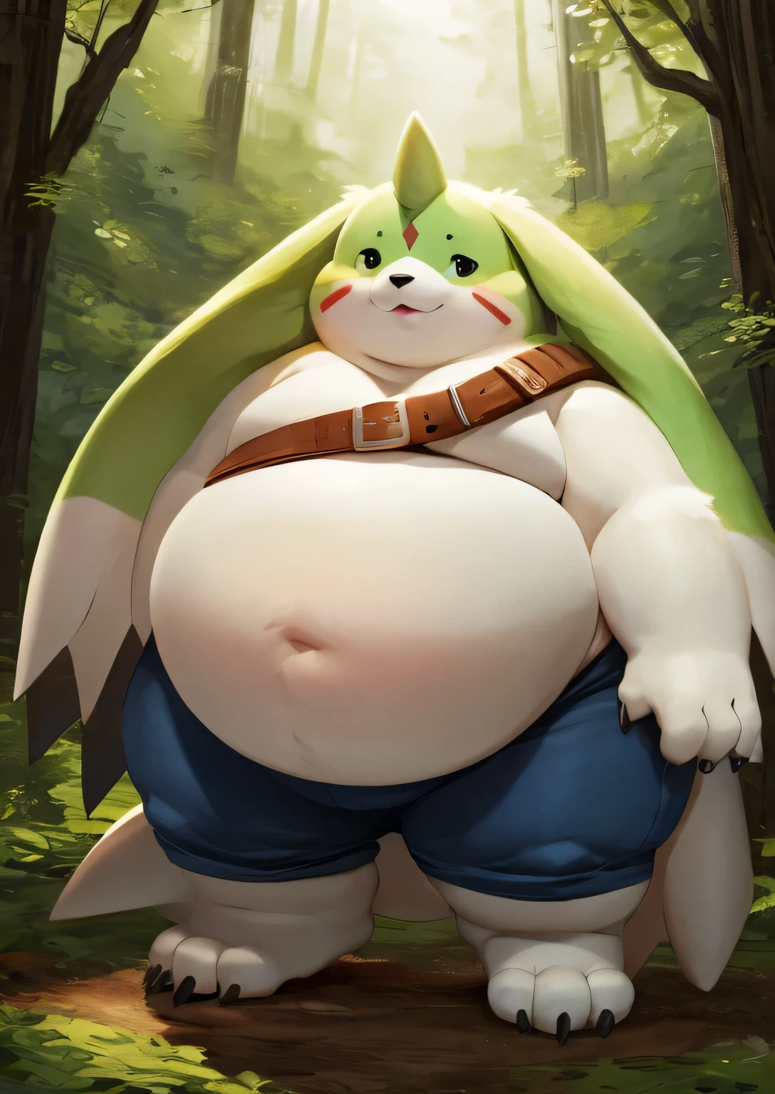 Gargomon、Giant Monsterountain of fat、The body is buried due to fat、The stomach is triangular、、Extreme obesity、very thick fat、my stomach touches the ground、Stomach like a giant balance ball、Saggy belly、detailed eyes, very very small face、head smaller than neck、Thick and short thighs、very tall、animal-like legs、Cheeks that store fat、thick and short arms、huge torso、thick neck、fat neck、sharp claws、legs buried in fat、thick and long tail、thick twisted corners, in a small forest, has belt and pants,