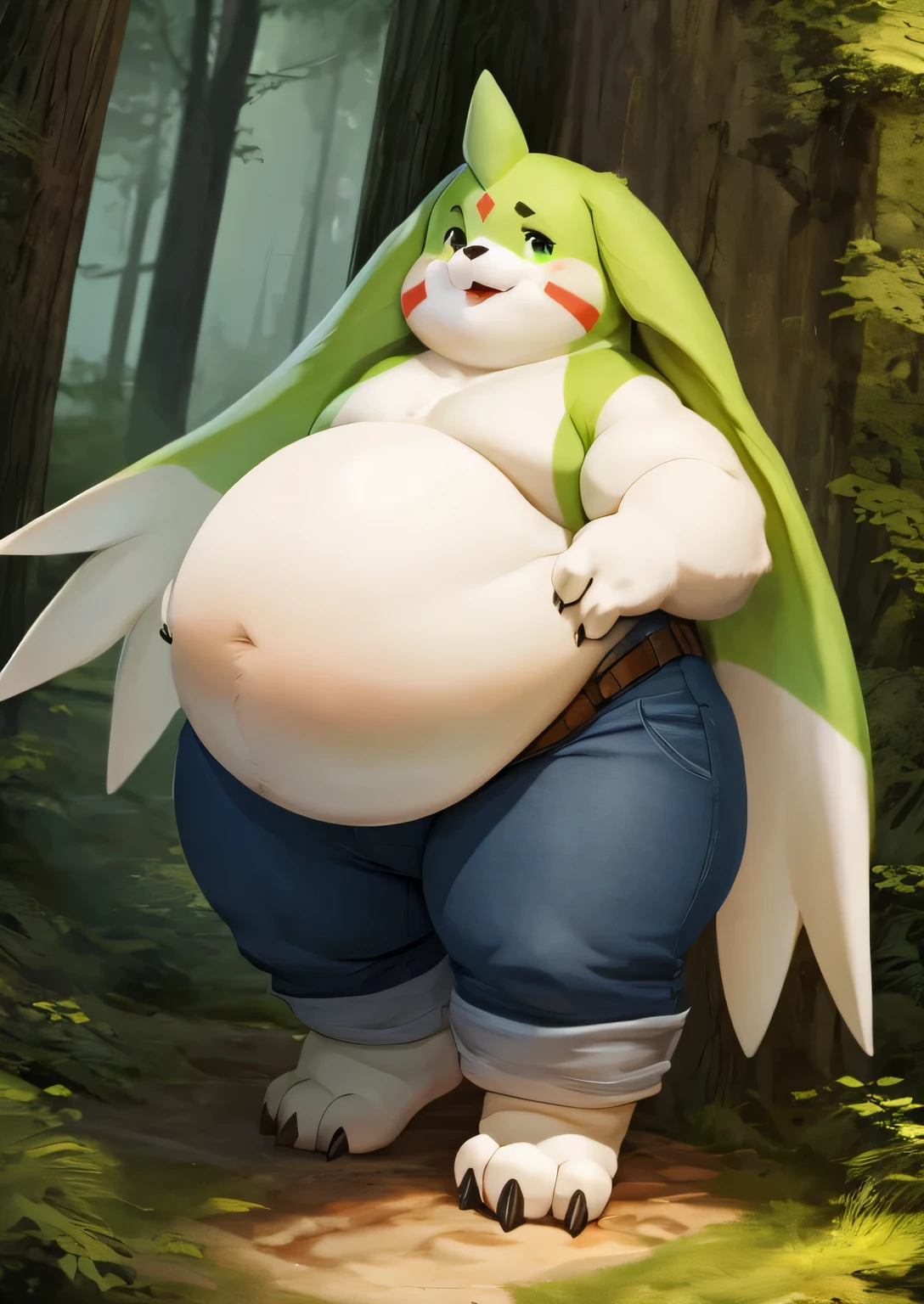 Gargomon、Giant Monsterountain of fat、The body is buried due to fat、The stomach is triangular、、Extreme obesity、very thick fat、my stomach touches the ground、Stomach like a giant balance ball、Saggy belly、detailed eyes, very very small face、head smaller than neck、Thick and short thighs、very tall、animal-like legs、Cheeks that store fat、thick and short arms、huge torso、thick neck、fat neck、sharp claws、legs buried in fat、thick and long tail、thick twisted corners, in a small forest, has belt and pants,