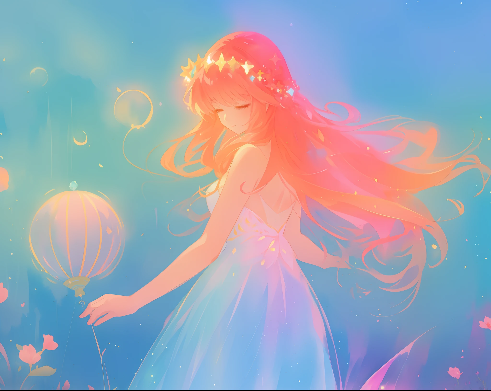 beautiful girl in sparkling flowing dress, long flowing pink hair, colorful fantasia background, watercolor illustration, disney art style, glowing aura around her, glowing lights, beautiful digital illustration, fantasia otherworldly landscape plants flowers, beautiful, masterpiece, best quality, anime disney style