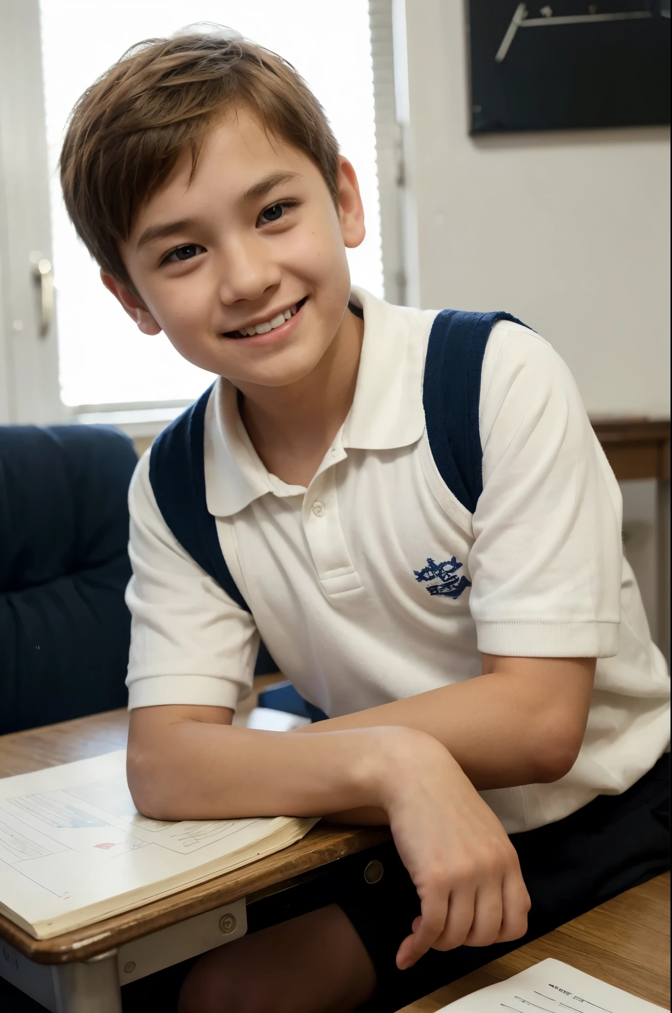 boy,American and Asian,Short blonde hair,White complexion,deep eyes,The pupils are brown,Wearing a white shirt and dark blue sweater vest,Sitting upright behind the desk,Cross your hands on the desk,Next to my hand is a copy of the original English book of Harry Potter,a notebook and a pen。he faces forward,Smiling,He is a sunny and cheerful primary sch