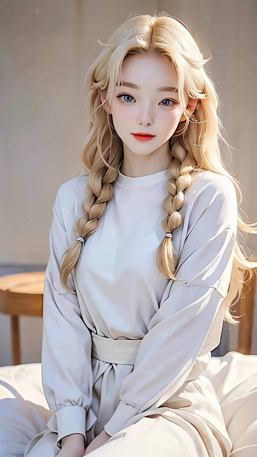 (((highest quality))),(((super detailed))),masterpiece,(((realistic))),(((Photoreal))),(((albino)))、Russia、bright lighting,18-year-old,Real Blonde、red lips、small nose、((light makeup))、laughter、(((full nude)))、 teenage russian with cute beautiful perfect face at 18-year-old、 big and full breasts、cute pose 、highest quality、masterpiece、Upper body、 (adult:1.6)Russia women、(smile gently:0.4)、 blonde hair in braids、 Photo of a 20 year old European girl, born, Beautiful woman, (extra long wavy blonde hair), ((portrait)), ((be familiar with face:1.2)), ((be familiar with顔の特徴)), (delicate skin), pale skin, , wrapped in a sheet, Bedroom environment, sitting on the bed, (cold color), Moist, Moist, reflector, (table top) (perfect proportions)(realistic写真)(highest quality) (be familiar with) Photographed with Canon EOS R5, 50MM lens, f/2.8, nffsw, (8K)