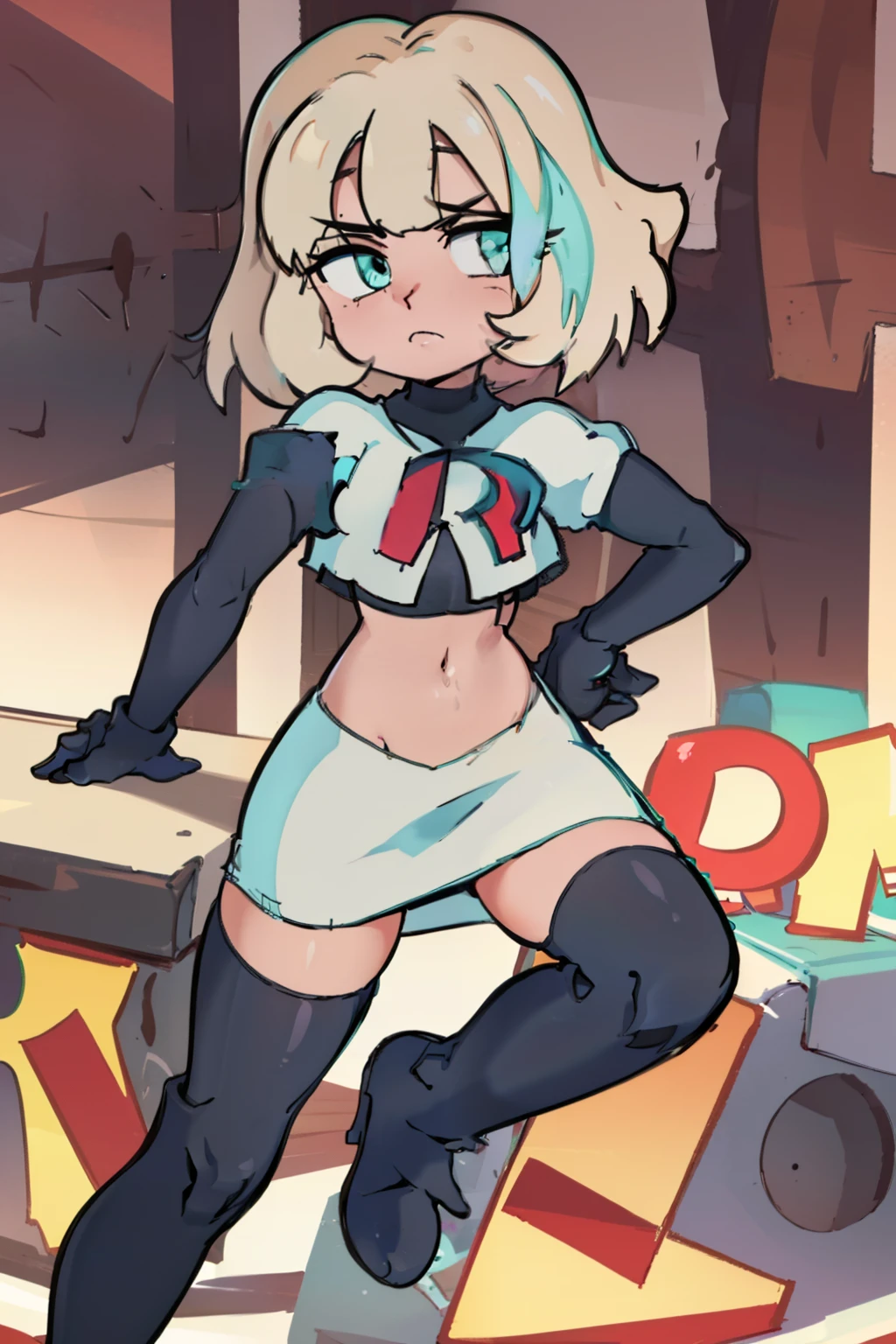 (masterpiece, best quality, high resolution:1.4), 1girl, jackie lynn thomas,aqua eyes, blonde hair, short hair, looking at viewer, team rocket,team rocket uniform,white skirt,red letter R,crop top,black thigh-highs,black elbow gloves,