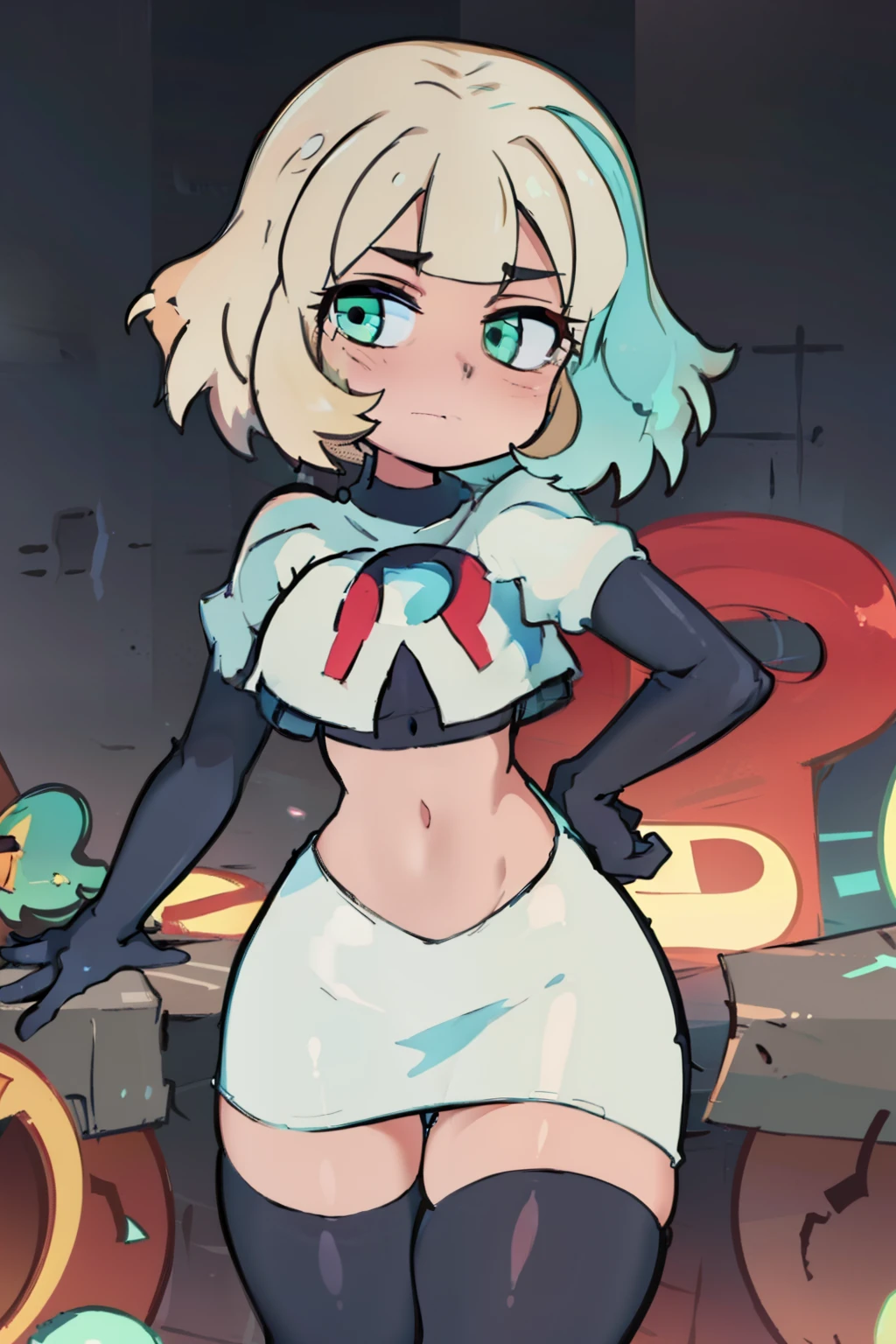 (masterpiece, best quality, high resolution:1.4), 1girl, jackie lynn thomas,aqua eyes, blonde hair, short hair, looking at viewer, team rocket,team rocket uniform,white skirt,red letter R,crop top,black thigh-highs,black elbow gloves,