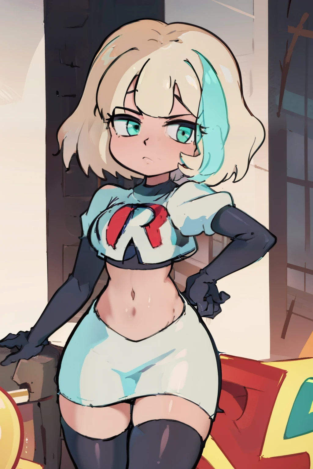 (masterpiece, best quality, high resolution:1.4), 1girl, jackie lynn thomas,aqua eyes, blonde hair, short hair, looking at viewer, team rocket,team rocket uniform,white skirt,red letter R,crop top,black thigh-highs,black elbow gloves,