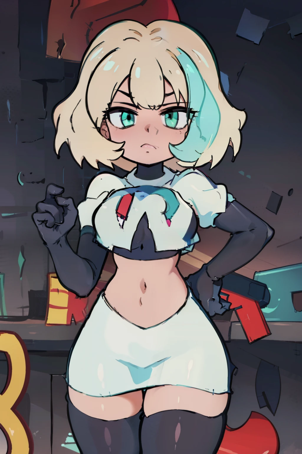 (masterpiece, best quality, high resolution:1.4), 1girl, jackie lynn thomas,aqua eyes, blonde hair, short hair, looking at viewer, team rocket,team rocket uniform,white skirt,red letter R,crop top,black thigh-highs,black elbow gloves,