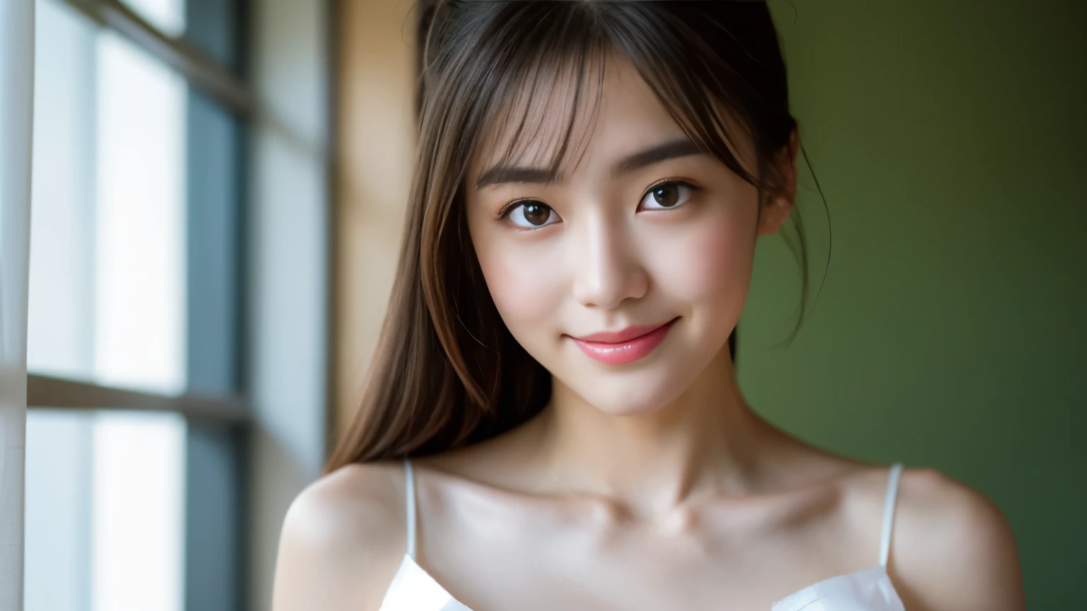 neat college girl、 person、(Long white silk camisole、white panties)、Outside the field、(Slimed)、Photorealsitic、detaileds, Skin Texture, ultra-detailliert、Delicate collarbone、A smile、Super Detailed Face、Detailed lips、A detailed eye、double eyelid、18 years old girl、Bun hair、She tucked her chest between her arms.、Show cleavage to the camera.、hands on knees