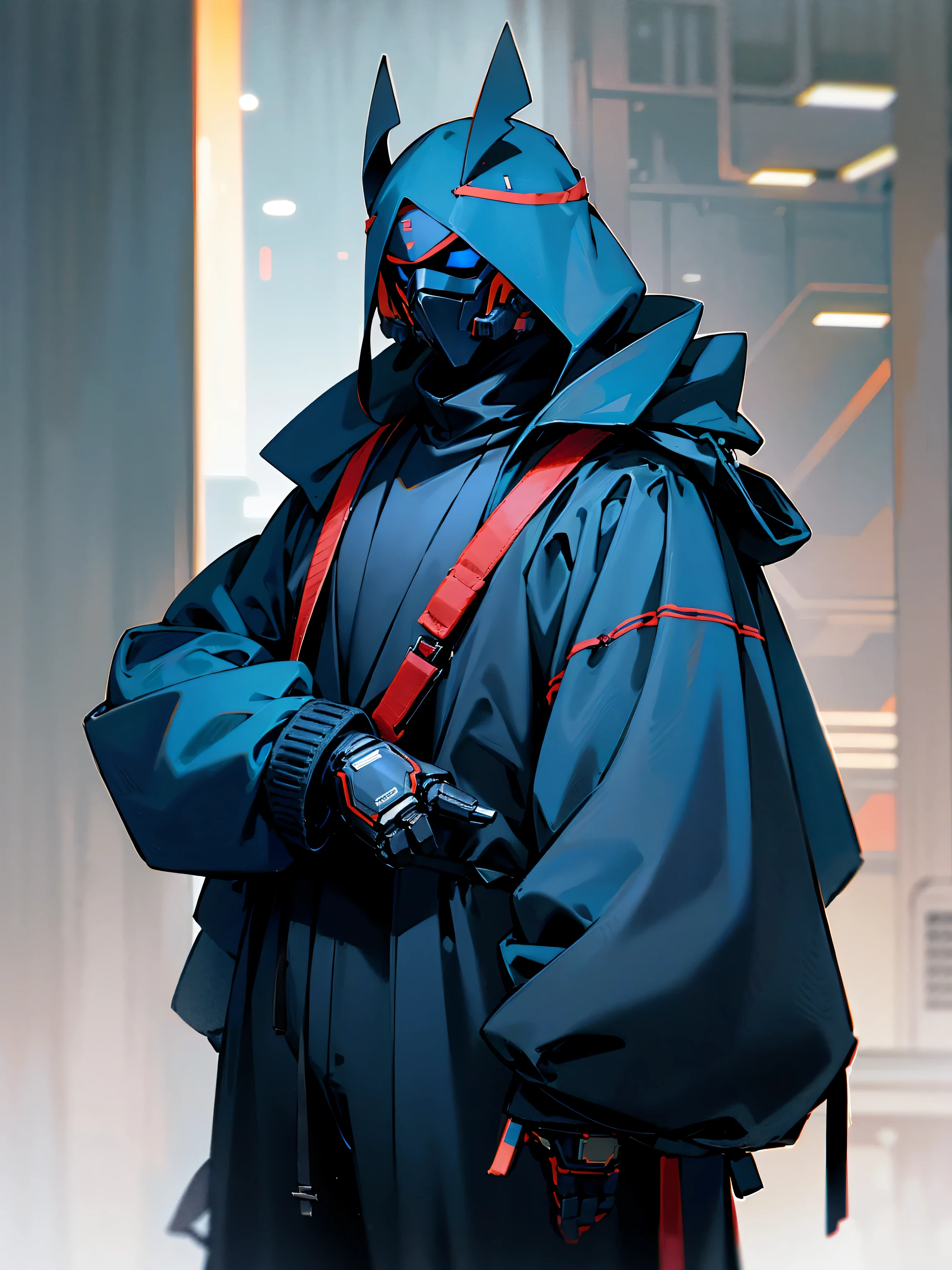 1male, adult hawaiian hair, tied to the back, black headband, sunglasses, hood over head, robot mask, blue jacket, techwear, black baggy pants, serious, 