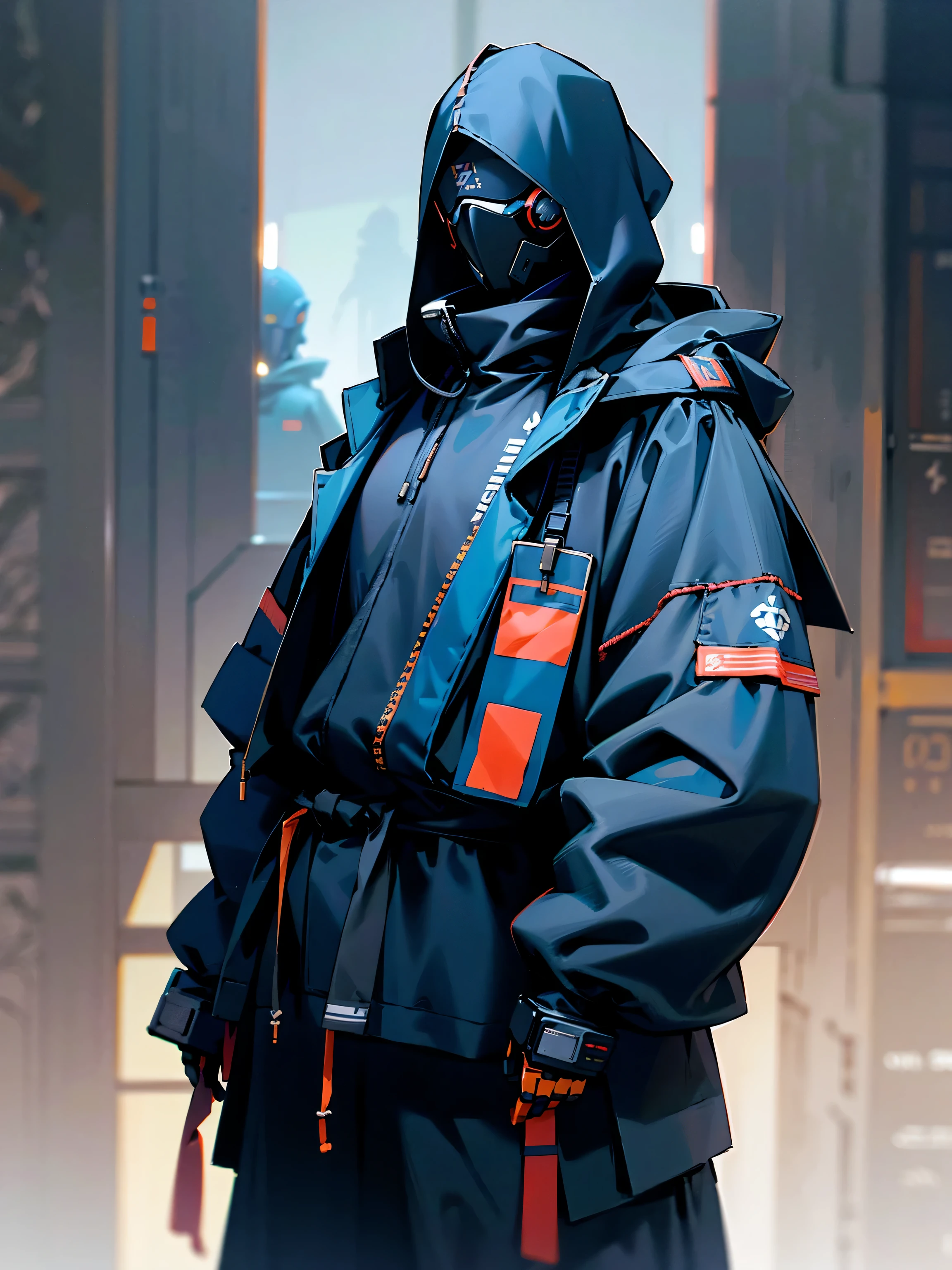 1male, adult hawaiian hair, tied to the back, black headband, sunglasses, hood over head, robot mask, blue jacket, techwear, black baggy pants, serious, 