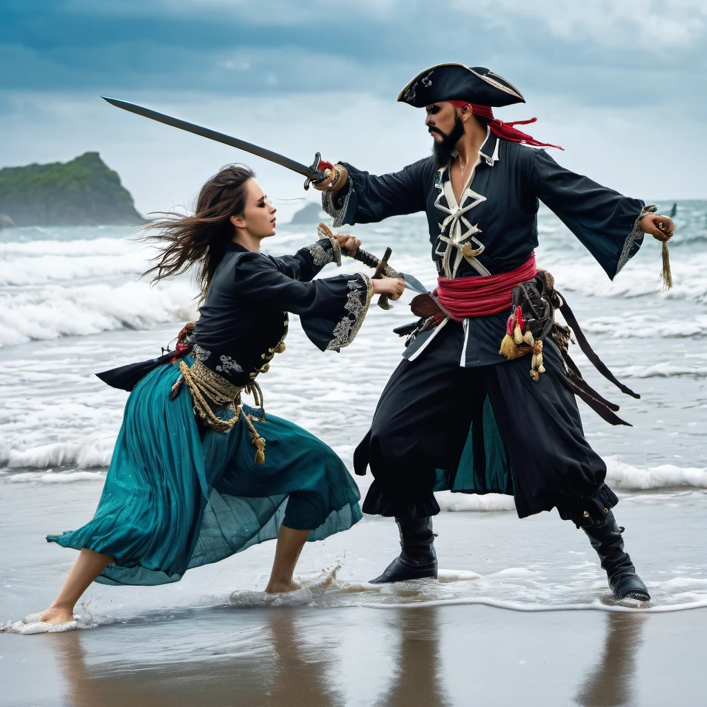 Some fantasy pirates are practicing swordplay on the beach, the tide is rolling in making it look like they are dancing on the sea