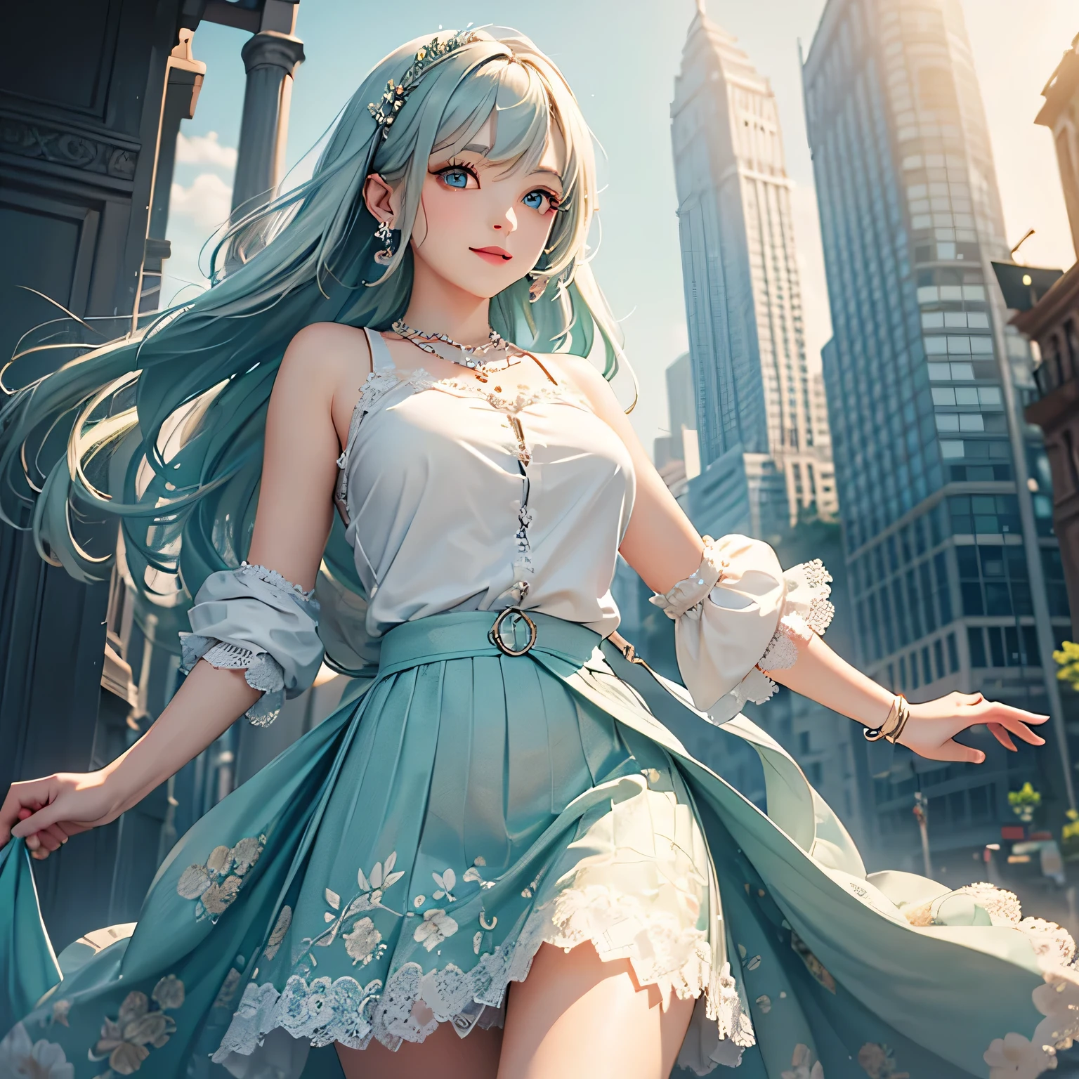 Absurdres masterpiece HDR high quality picture of Hatsune Miku, very young age girl 14 years old with detailed face, simple hair design , beautiful face, simple pose hands hiding in her long hair and clothes, very long hair, ((random hair style:1 )) , anime eyes, light skin ,
Sexy prom gown and gloves outfit , detailed hair ornaments , beautiful town background, masterpiece scenery