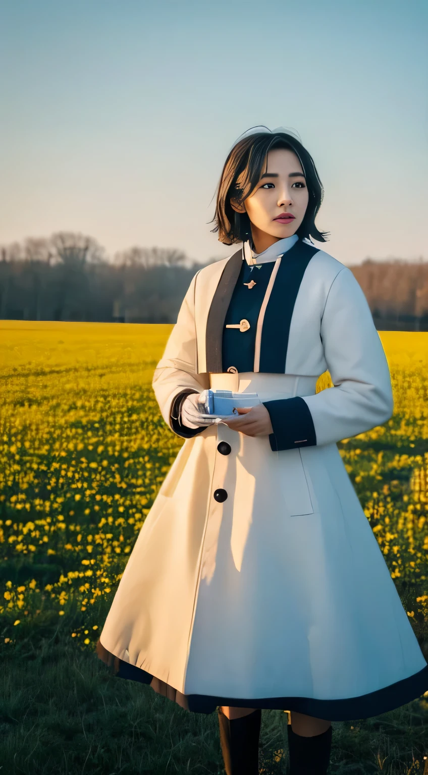 In the chaotic future world of socialism, where science fiction comes to life, a hopeful woman, the adult protagonist, stands in an open meadow amidst the snow. Her short hairstyle frames her brown eyes that sparkle with determination. Her uniform, a blend of scientist and rebel, consists of a white researcher coat and black hair with white-gray accents. The long-range artillery and missiles stationed nearby add to the sense of unease and turmoil. Based on the movie "Foundation," she embodies the spirit of resilience and intellect, her face a picture of steadfastness as she looks towards a promising, but uncertain Ring World in the distance. The scene is alive with