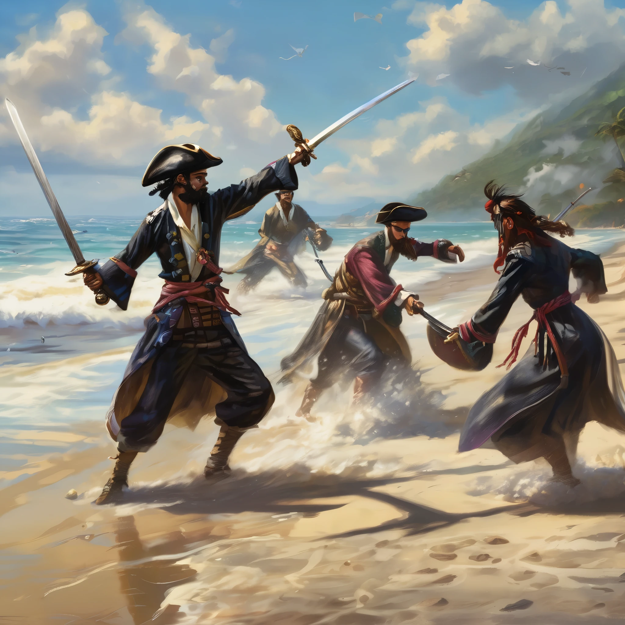 Some fantasy pirates are practicing swordplay on the beach, the tide is rolling in making it look like they are dancing on the sea