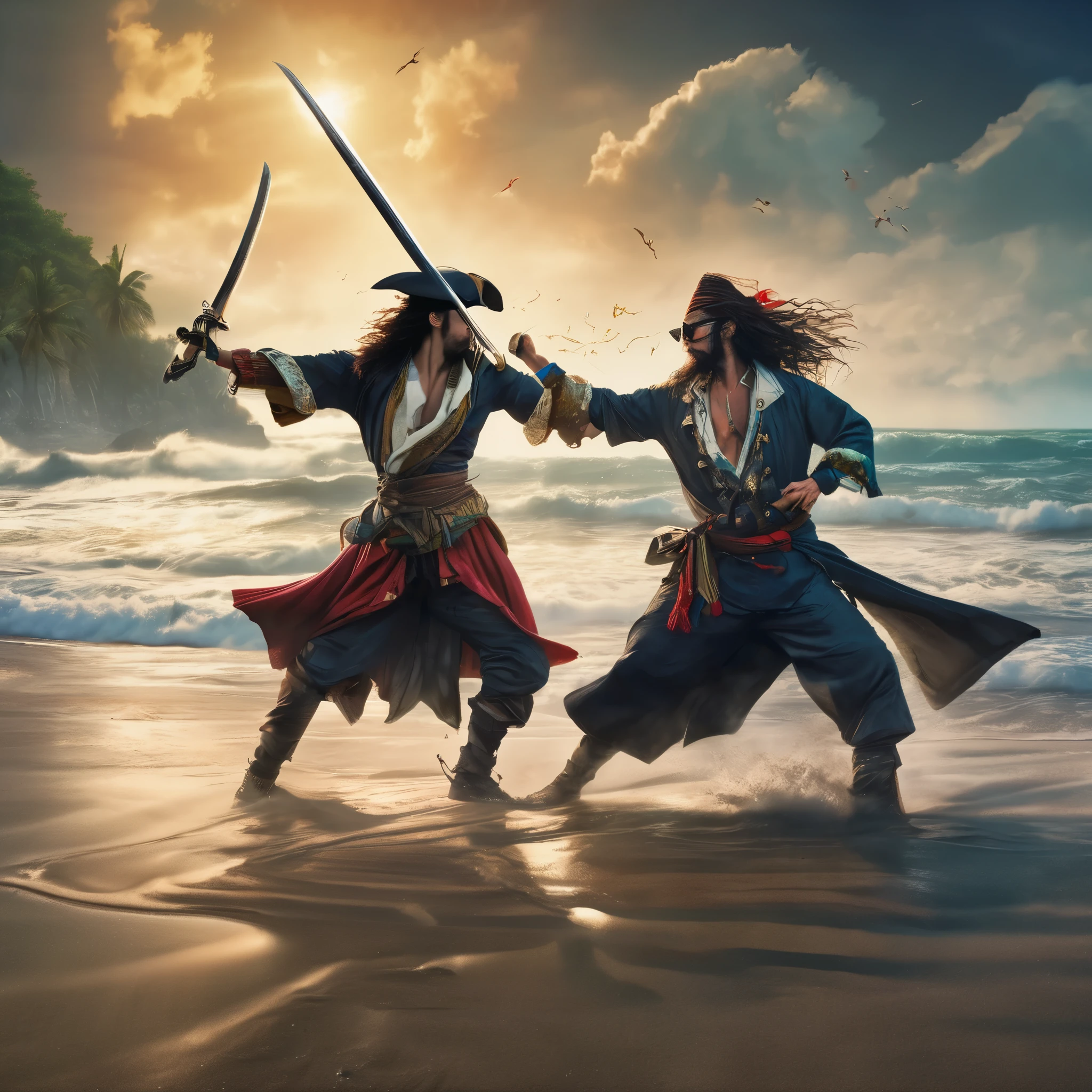 Some fantasy pirates are practicing swordplay on the beach, the tide is rolling in making it look like they are dancing on the sea