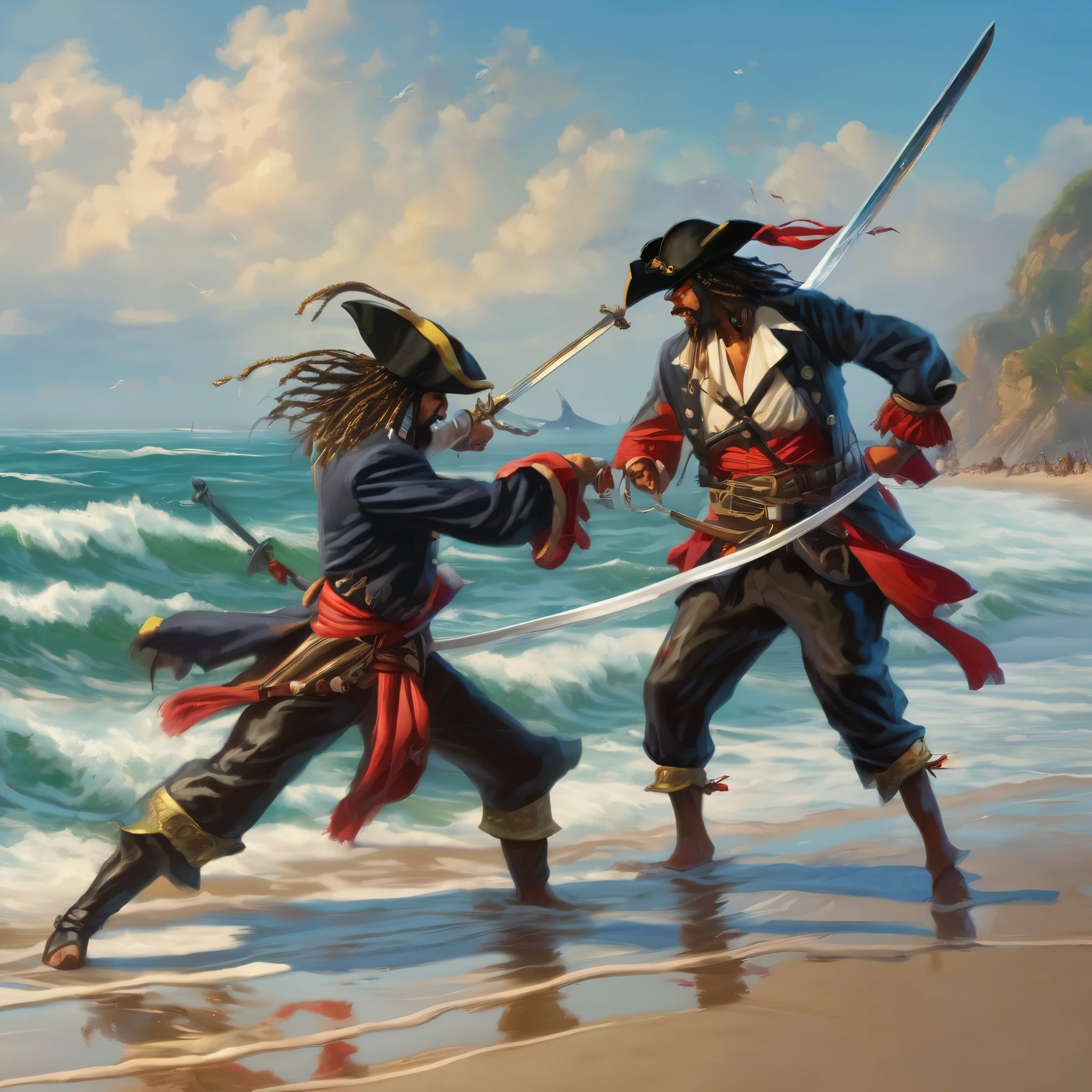 Some fantasy pirates are practicing swordplay on the beach, the tide is rolling in making it look like they are dancing on the sea