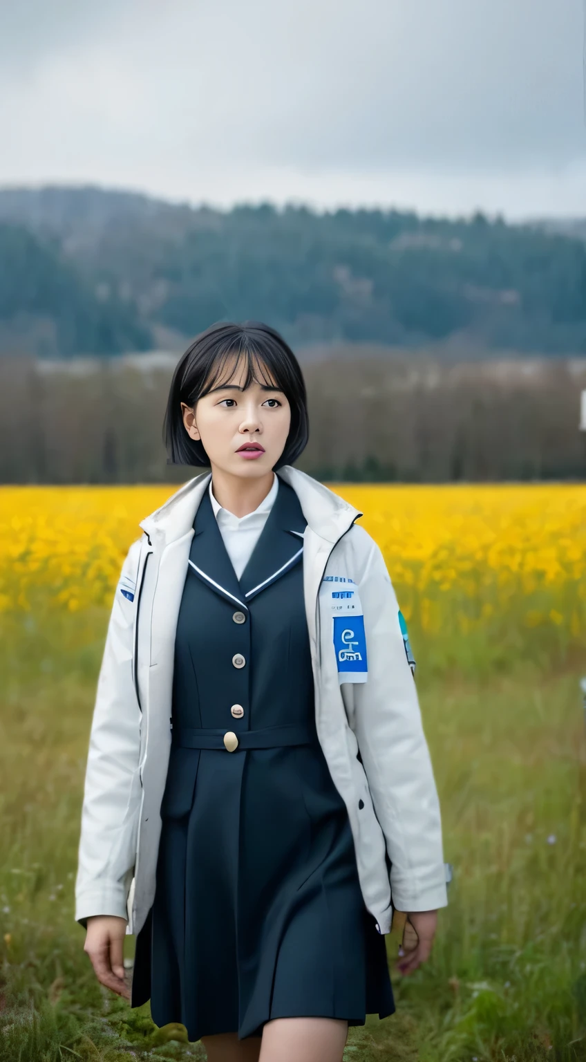 In the chaotic future world of socialism, where science fiction comes to life, a hopeful woman, the adult protagonist, stands in an open meadow amidst the snow. Her short hairstyle frames her brown eyes that sparkle with determination. Her uniform, a blend of scientist and rebel, consists of a white researcher coat and black hair with white-gray accents. The long-range artillery and missiles stationed nearby add to the sense of unease and turmoil. Based on the movie "Foundation," she embodies the spirit of resilience and intellect, her face a picture of steadfastness as she looks towards a promising, but uncertain Ring World in the distance. The scene is alive with