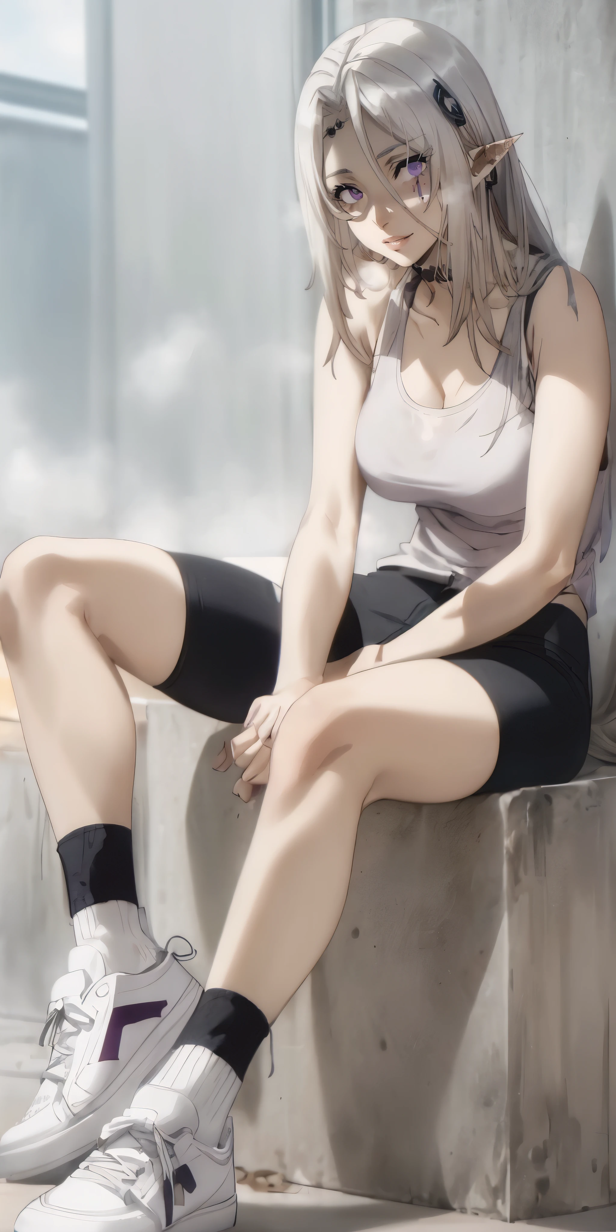 beatrix, silver hair, long hair, pointy ears, purple eyes, hair ornament, anatomically correct, solo, shoes, sitting, sneakers, long_hair, bike_shorts, closed_eyes, socks, tank_top, realistic, shorts, black_shorts, tifa_lockhart, breasts, lips, nose, (shaded face:1.2), hollow eyes, purple eyes, looking at viewer, lips, steaming face, smirk, upper teeth, "RAW candid cinema, 16mm, color graded portra 400 film, remarkable color, ultra realistic, textured skin, remarkable detailed pupils, realistic dull skin noise, visible skin detail, skin fuzz, dry skin, shot with cinematic camera"