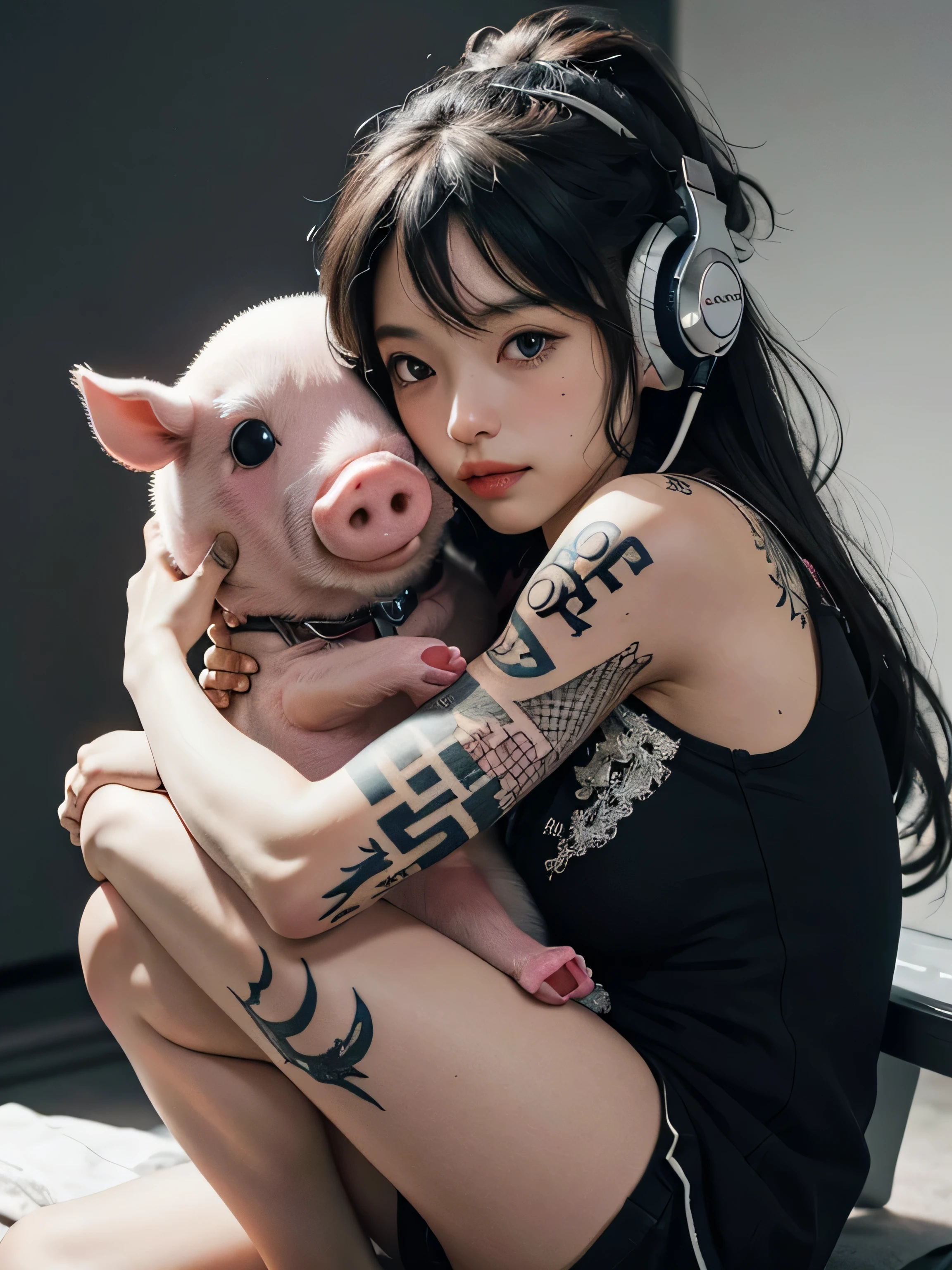 monochrome photography、best image quality、RAW development、tattoo、bright background、whole body、1 girl、Bigger headphones、feetにtattoo、feet、Hug a stuffed pig