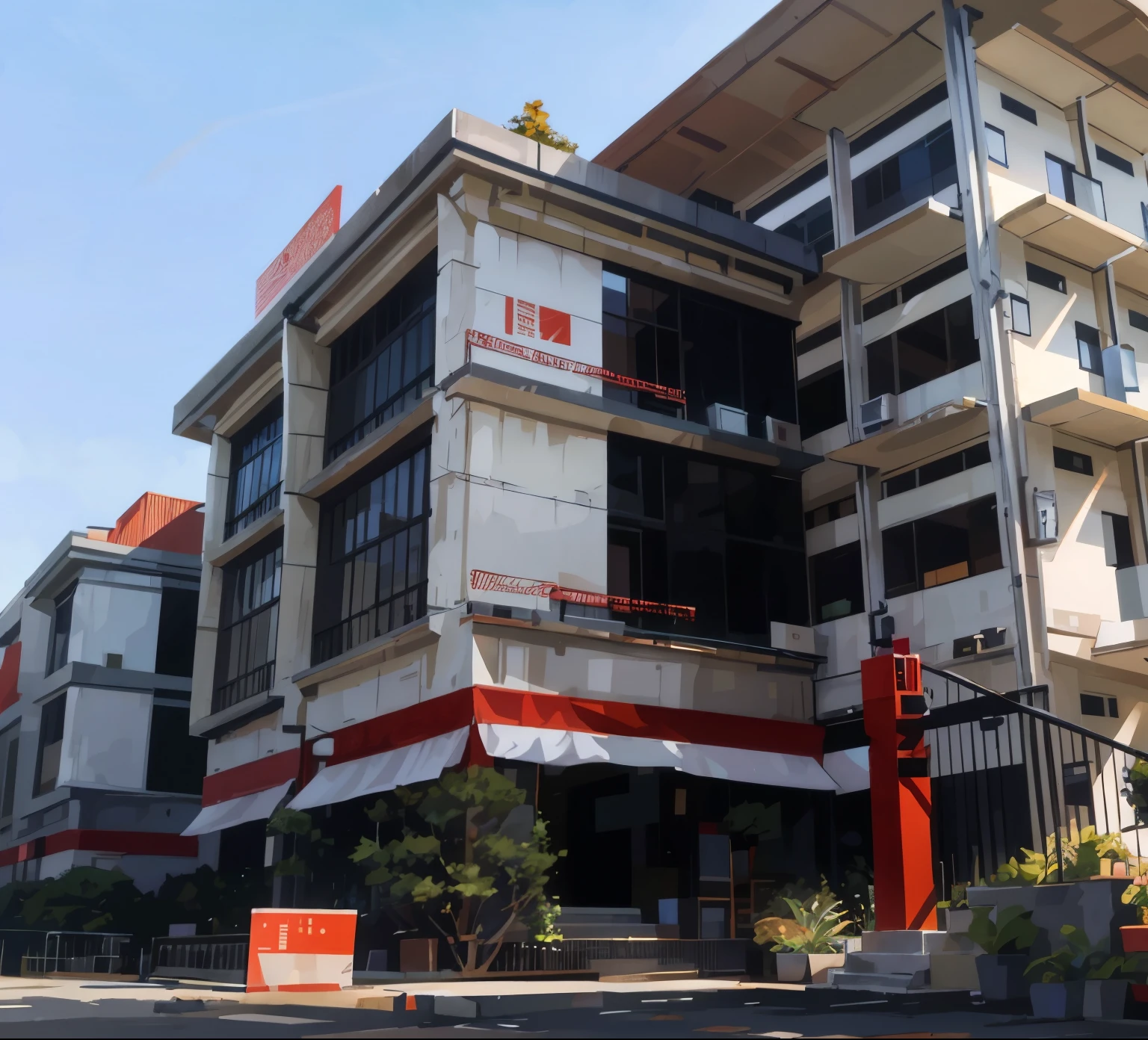 there is a large building with a red and white stripe on it, frontview, front view, front-view, research complex, front side, red building, modern technology building, front side view, full - view, research center, arsitektur nusantara, office building, eliran kantor, photo taken from the ground, student