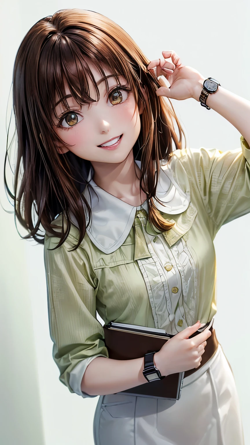 (((pure white wall background)))、(((8K、best image quality)))、(((I&#39;m a secretary)))、(((I have a notebook)))、(((brown hair)))、(((medium hair)))、(((wearing a light green blouse)))、(((I&#39;m smiling)))、(((Teeth are visible)))、(((Are standing)))、(((I&#39;m wearing a small watch)))