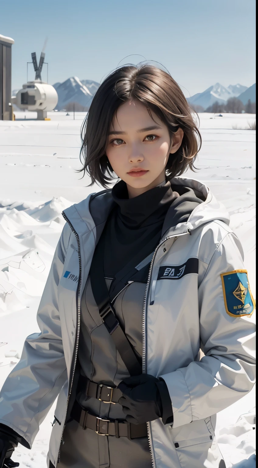 In the chaotic future world of socialism, where science fiction comes to life, a hopeful woman, the adult protagonist, stands in an open meadow amidst the snow. Her short hairstyle frames her brown eyes that sparkle with determination. Her uniform, a blend of scientist and rebel, consists of a white researcher coat and black hair with white-gray accents. The long-range artillery and missiles stationed nearby add to the sense of unease and turmoil. Based on the movie "Foundation," she embodies the spirit of resilience and intellect, her face a picture of steadfastness as she looks towards a promising, but uncertain Ring World in the distance. The scene is alive with