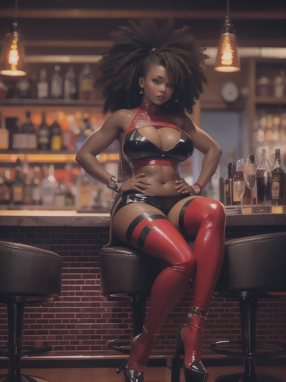 Photograph of a 25 year old dark-skinned african-american woman sitting at the bar. Beautiful, gorgeous, cute, sexy, erotic. Long eyelashes, pretty brown eyes, eyeglasses, black hair, perky lips. Erotic facial expressions, erotic poses. 36dd breast, big belly, big hips, big buttocks, curvaceous body. red and black latex bra, red and black latex panties, black stockings with red trim, red high heels. Liquor, neon light, cocktail glasses. Full body shot, cinematic lighting, reflection light, backlighting, UHD, masterpiece, anatomically correct, textured skin, super detail, 8k