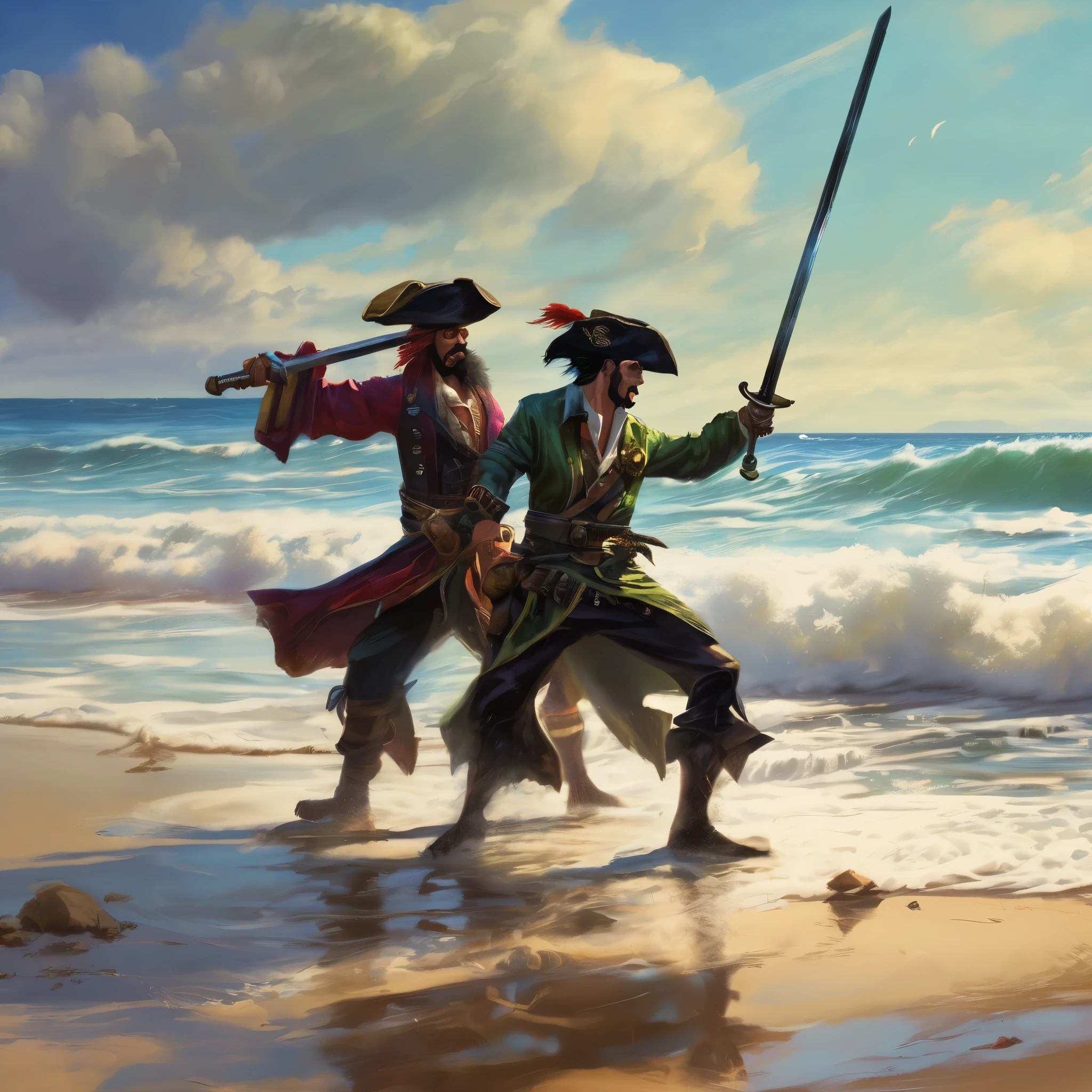 Some fantasy pirates are practicing swordplay on the beach, the tide is rolling in making it look like they are dancing on the sea