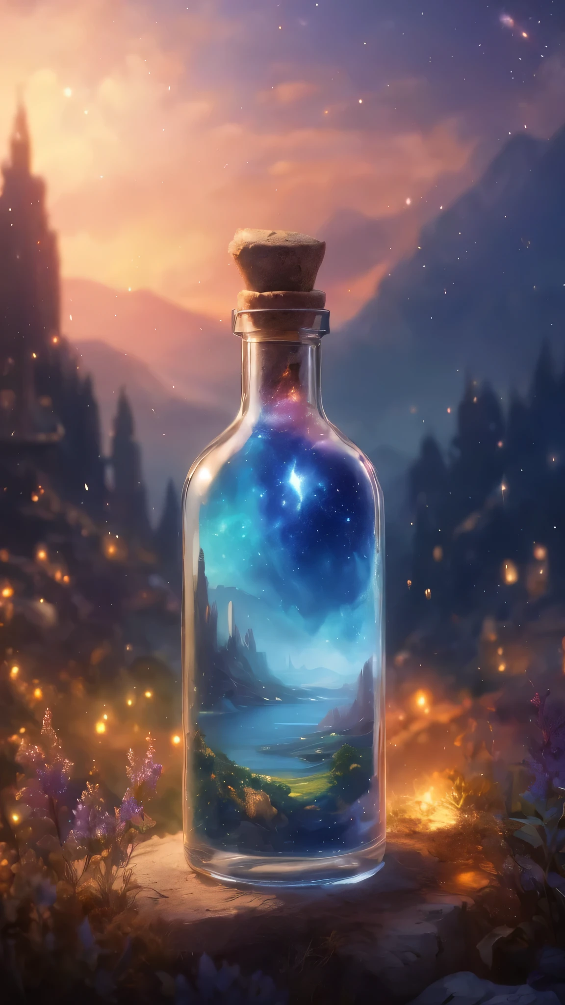 There is a bottle，There are pictures of mountains and sky inside, vial of stars, galaxy in a bottle, dreamscape in a jar, potion of healing, painting of one health potion, Detailed 4K, epic concept art. Bokeh, magical background, 4k highly detailed digital art, magic holy water, 8k high quality detailed art