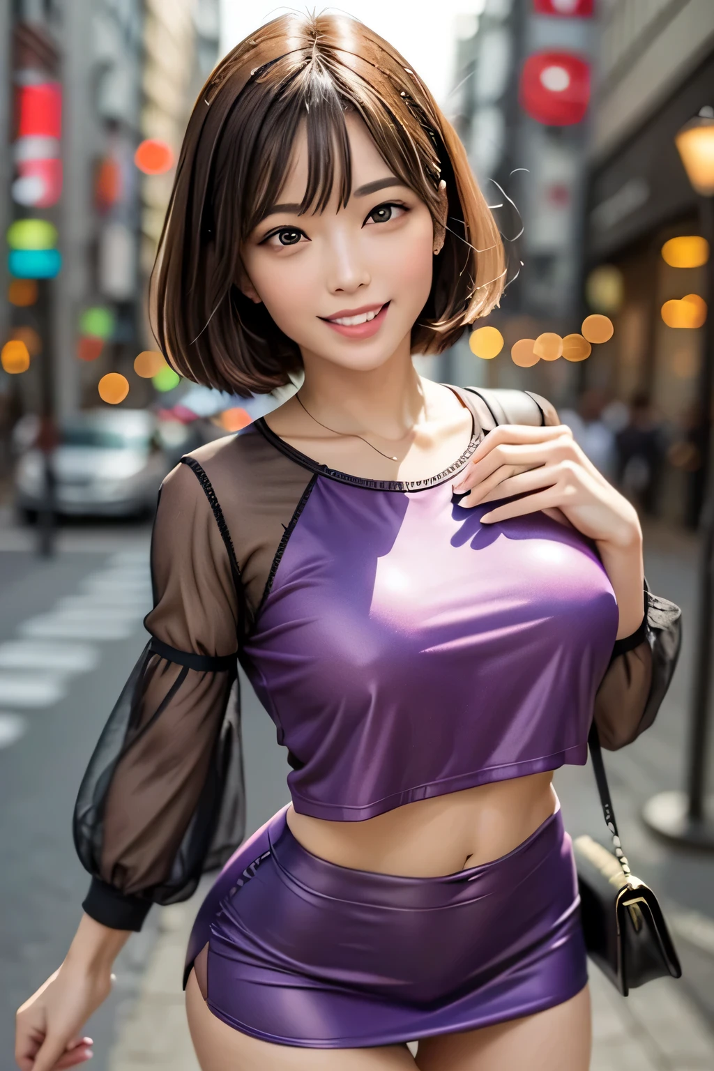 (Photoreal:1.4), (Super detailed), (highest quality), (best shadow), (masterpiece), ultra high resolution, 1 Ultimate beautiful mature woman, highly detailed face, (perfect teeth), fine eyes, double eyelid, eyelash, lip details, short black hair, (light purple fancy blouse:1.2), (red tight mini skirt:1.3), light pink panties, (big breasts), grin and laugh, thighs, Depth of written boundary, perfect lighting, With background: (Tokyo Ginza street)