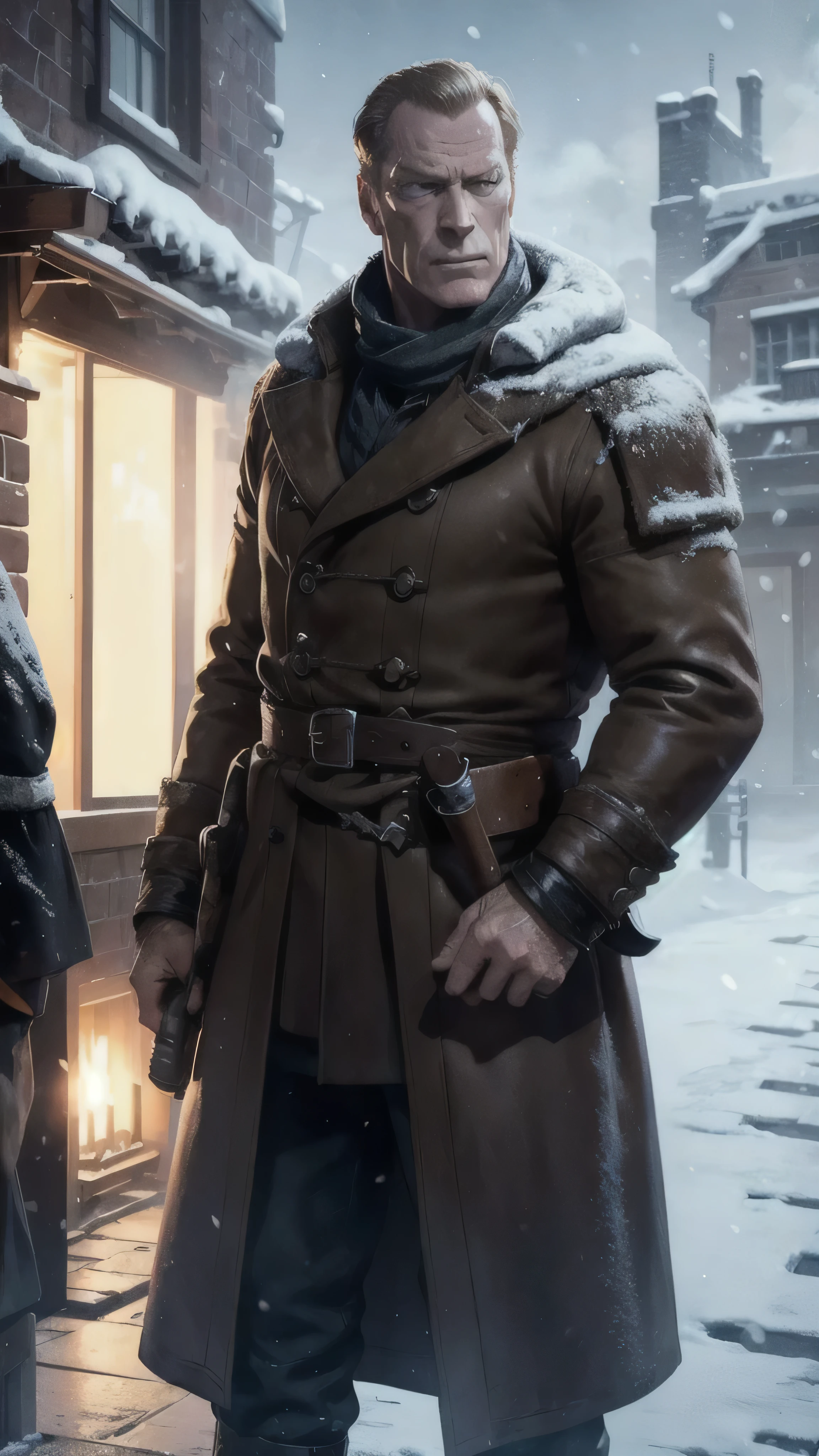 frostpunk, ((Iain Glen)) as Jorah Mormont, bonnet, yellow coat, black boots, (smokes a pipe), (winter street), snow, 1man, solo, beautiful detailed glow, detailed, cinematic light, intricate detail, realistic, highres, detailed facial features, high detail, sharp focus, smooth, aesthetic, extremely detailed, stamp, octane render