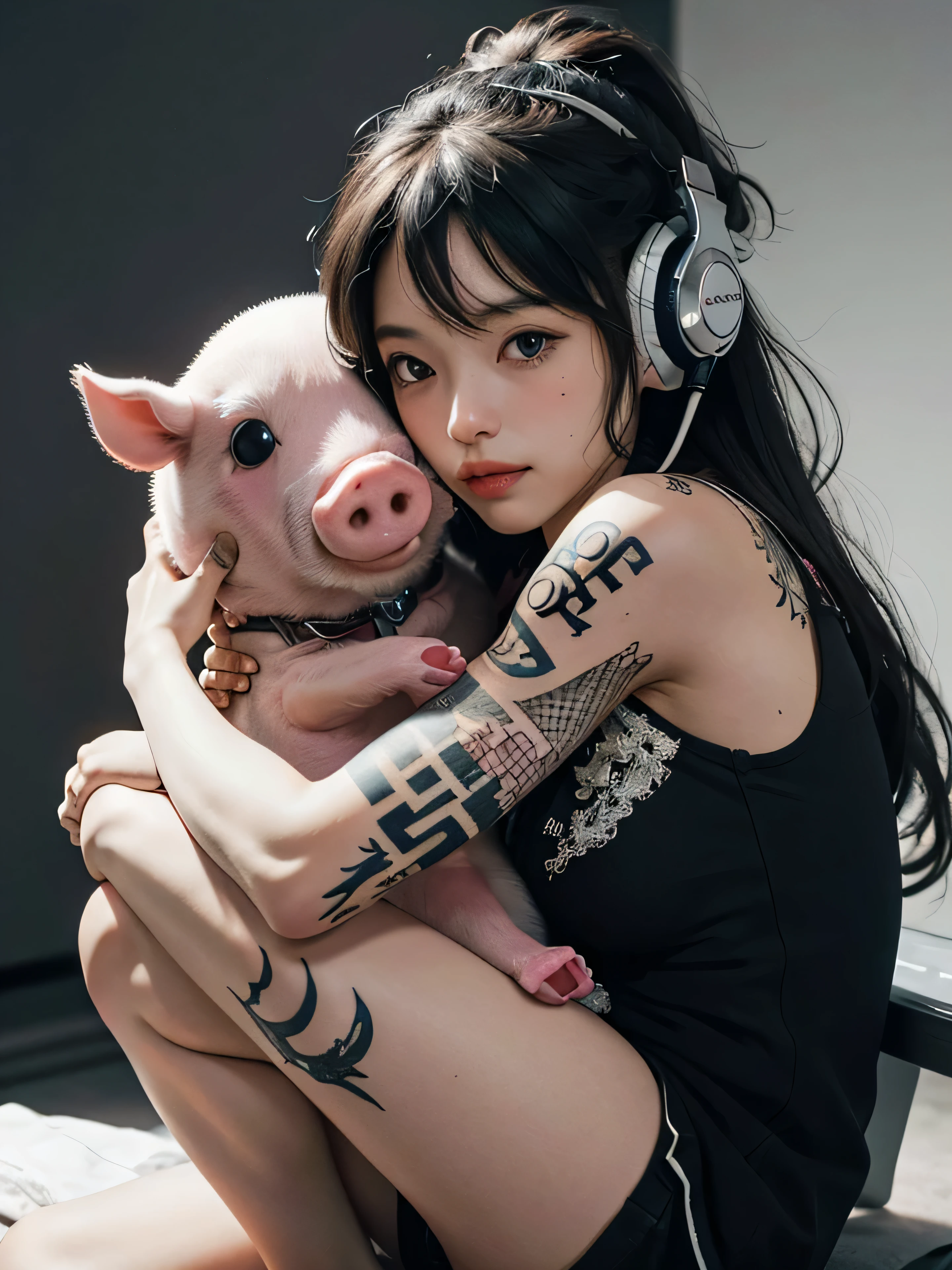 monochrome photography、best image quality、RAW development、tattoo、bright background、whole body、1 girl、Bigger headphones、feetにtattoo、feet、Hug a stuffed pig