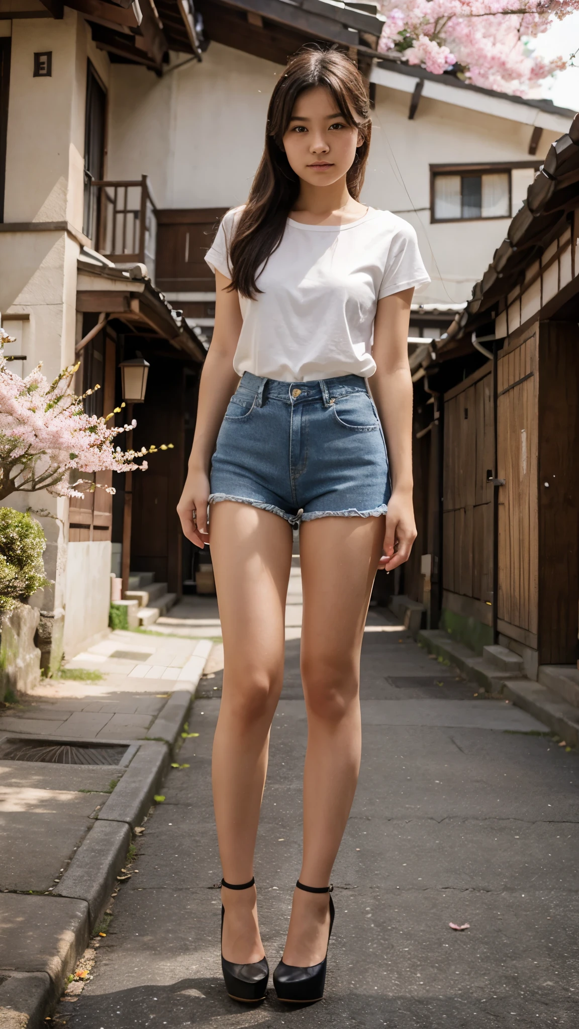 Beautiful , short-sleeved shirt, small neckline, tiny denim shorts with lint, tights, high heels, Japanese rural street, cherry blossoms