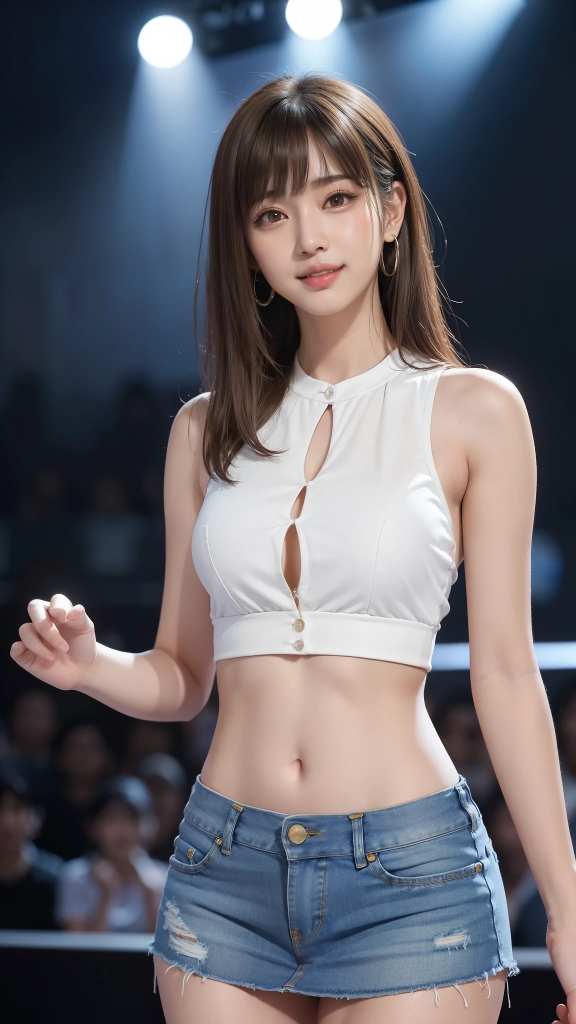 8k, table top, Raw photo, highest quality, realistic, Wallpapers with extreme details CG Unity 8k, Depth of the bounds written, cinematic light, Lens flare, ray tracing, (very beautiful face, beautiful lips, beautiful eyes), face with intricate details, ((ultra detail skin)) 1 girl, (Korean model Kim Da-eun, Dhoni), (Korean model Kim Da-eun, Dhoni), (Korean model Kim Da-eun, Dhoni), (Korean model Kim Da-eun, Dhoni), (Korean model Kim Da-eun, Dhoni),1 girl, ((look up at the audience)),(A big smile:1.3), (blurred background), faint light), (no people in the background.:1.3), beautiful earrings, clear eyes, front shot, (pale skin), (Big eyes), (Big eyes) (Big eyes), (Big eyes), (Big eyes), facing forward, (full body shot), (light brown hair), おopen the navel............, (look up at the audience:1.3), small hips, small hips,small hips, thin waist, small hips, ((wide open abdomen))、((open abdomen))、((wide open the navel))、((open the navel))、((naked belly))、((white shirt))、((Super low-rise、denim mini skirt))、 ((Navel exposed))、((small hips))、((full body description))、((small hips))、(high cut boots)、((Super low-rise))、 ((denim tanding))、full body shot,high waist:1.5,beautiful long legs:1.5,