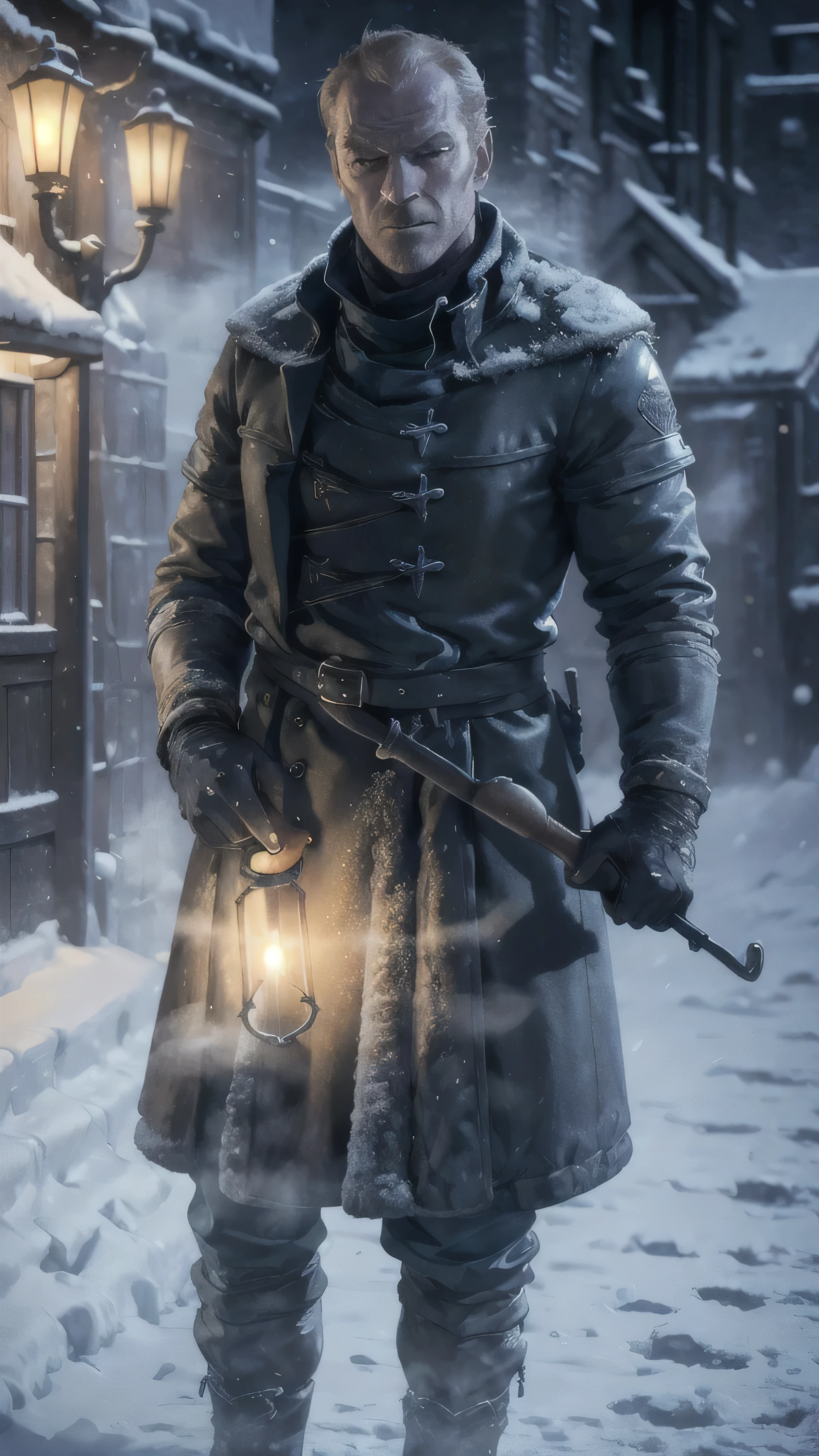 frostpunk, ((Iain Glen)) as j0rm0, bonnet, yellow coat, black boots, (smokes a pipe), (winter street), snow, 1man, solo, beautiful detailed glow, detailed, cinematic light, intricate detail, realistic, highres, detailed facial features, high detail, sharp focus, smooth, aesthetic, extremely detailed, stamp, octane render