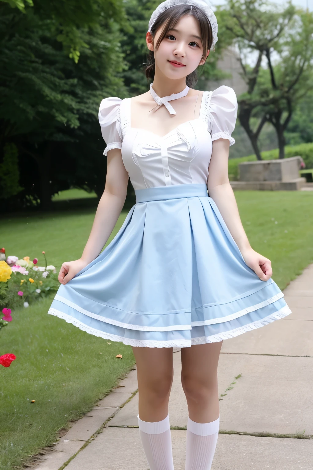  maid {nipple} Fluttering skirt, Lolita, mid-length skirt, knee-length skirt, girl, skirt pulled up to reveal thighs, Alice in Wonderland