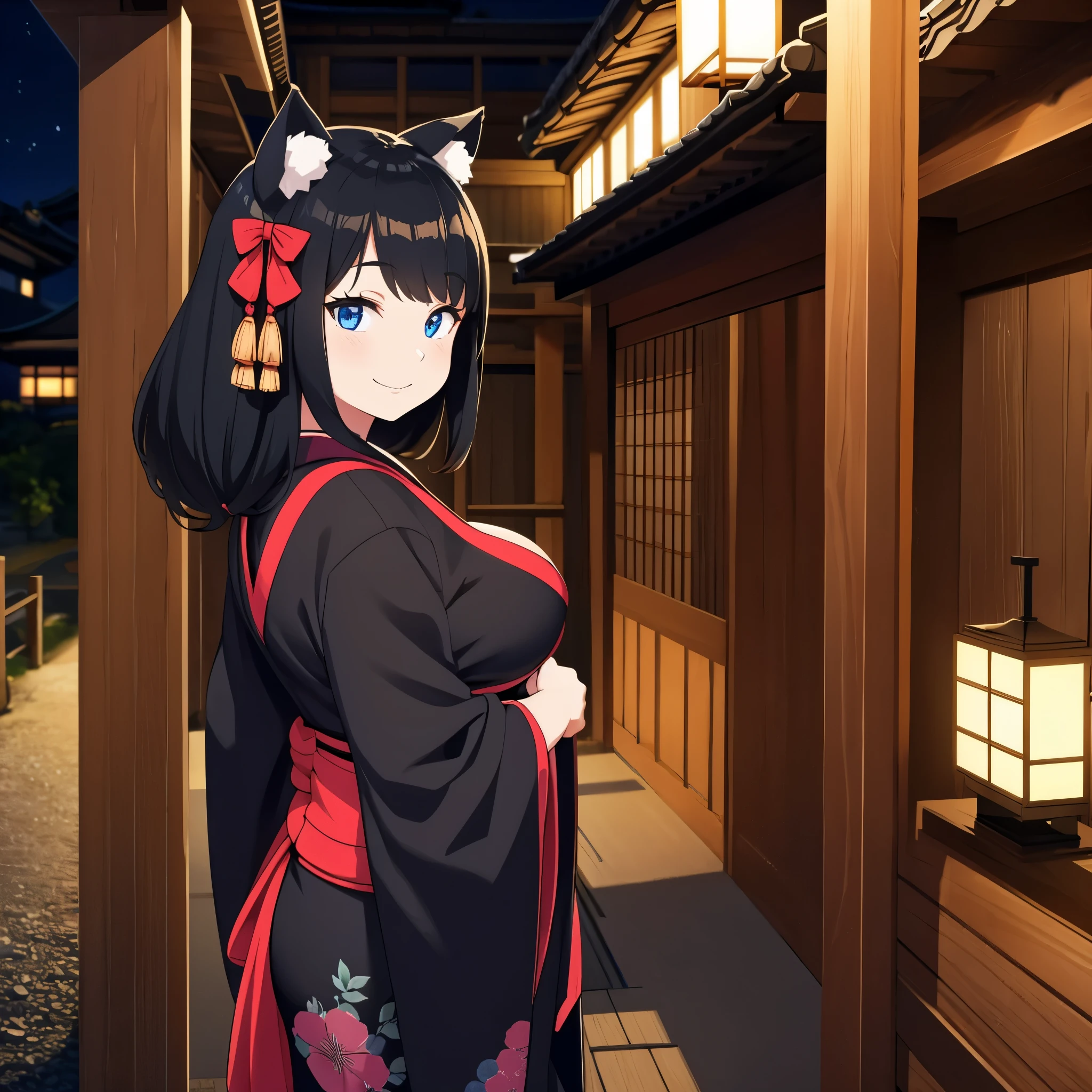 A woman with short black kimono, long black hair, neko ears, blue eyes, smiling, big breasts, outside a traditional Japanese house at night.
