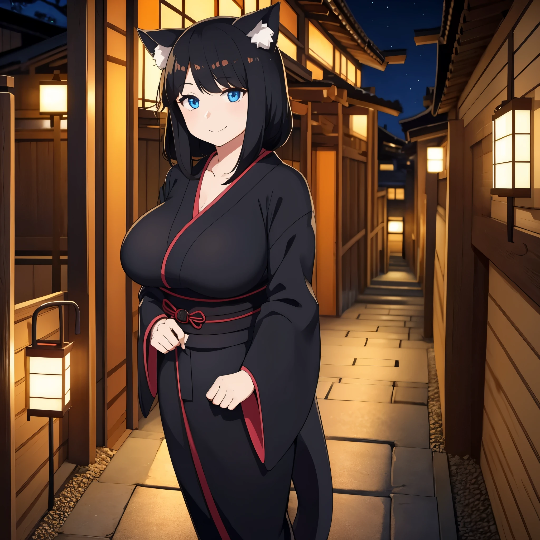 A woman with short black kimono, long black hair, neko ears, blue eyes, smiling, big breasts, outside a traditional Japanese house at night.
