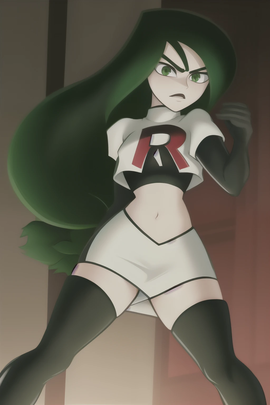 shego, 1girl, solo, long_hair, breasts, looking_at_viewer, black_hair, very_long_hair, green_eyes, small_breasts, facial_hair, thick_eyebrows, team rocket,team rocket uniform, red letter R, white skirt,white crop top,black thigh-highs,black elbow gloves