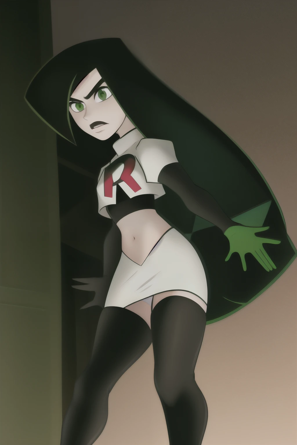 shego, 1girl, solo, long_hair, breasts, looking_at_viewer, black_hair, very_long_hair, green_eyes, small_breasts, facial_hair, thick_eyebrows, team rocket,team rocket uniform, red letter R, white skirt,white crop top,black thigh-highs,black elbow gloves