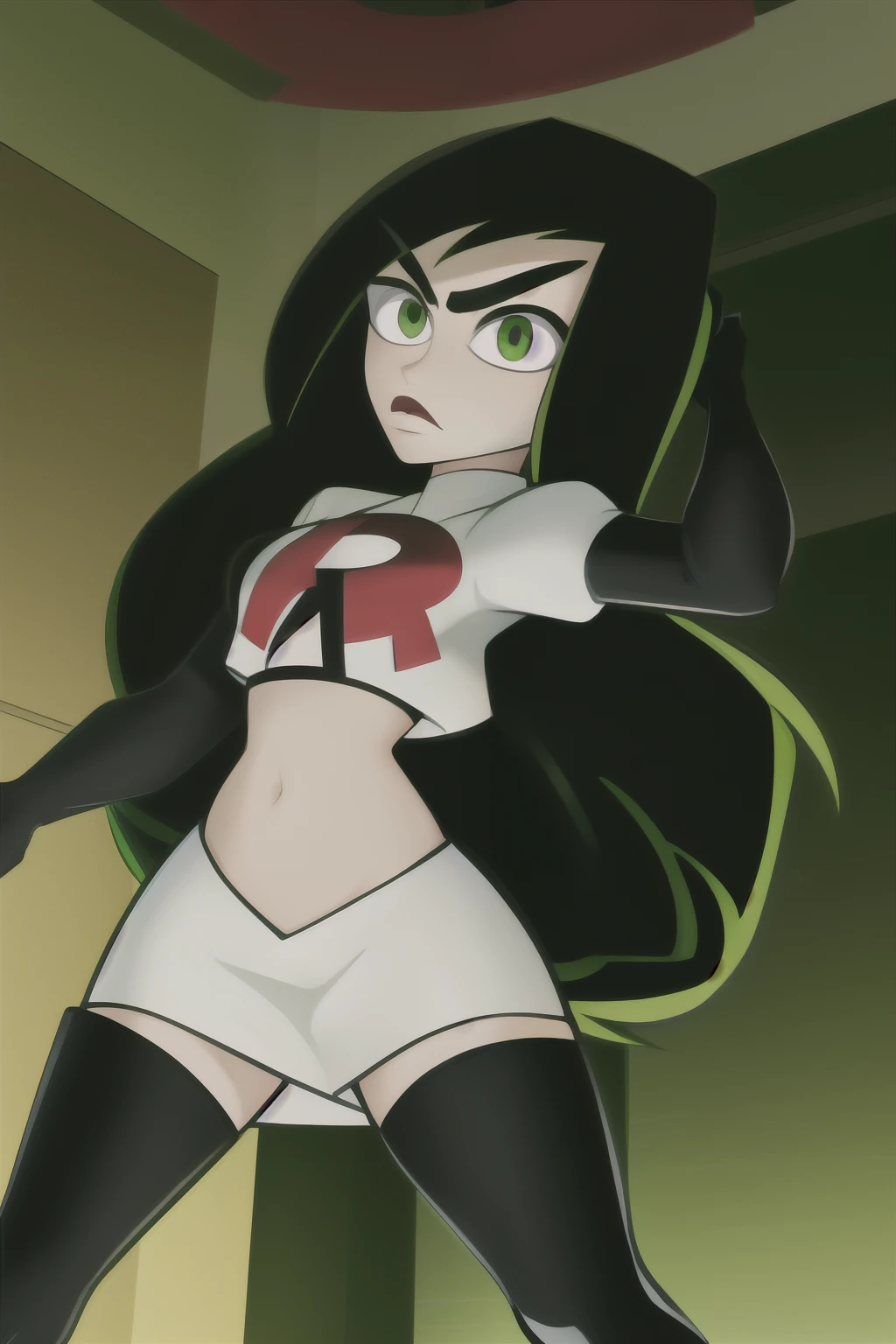 shego, 1girl, solo, long_hair, breasts, looking_at_viewer, black_hair, very_long_hair, green_eyes, small_breasts, facial_hair, thick_eyebrows, team rocket,team rocket uniform, red letter R, white skirt,white crop top,black thigh-highs,black elbow gloves